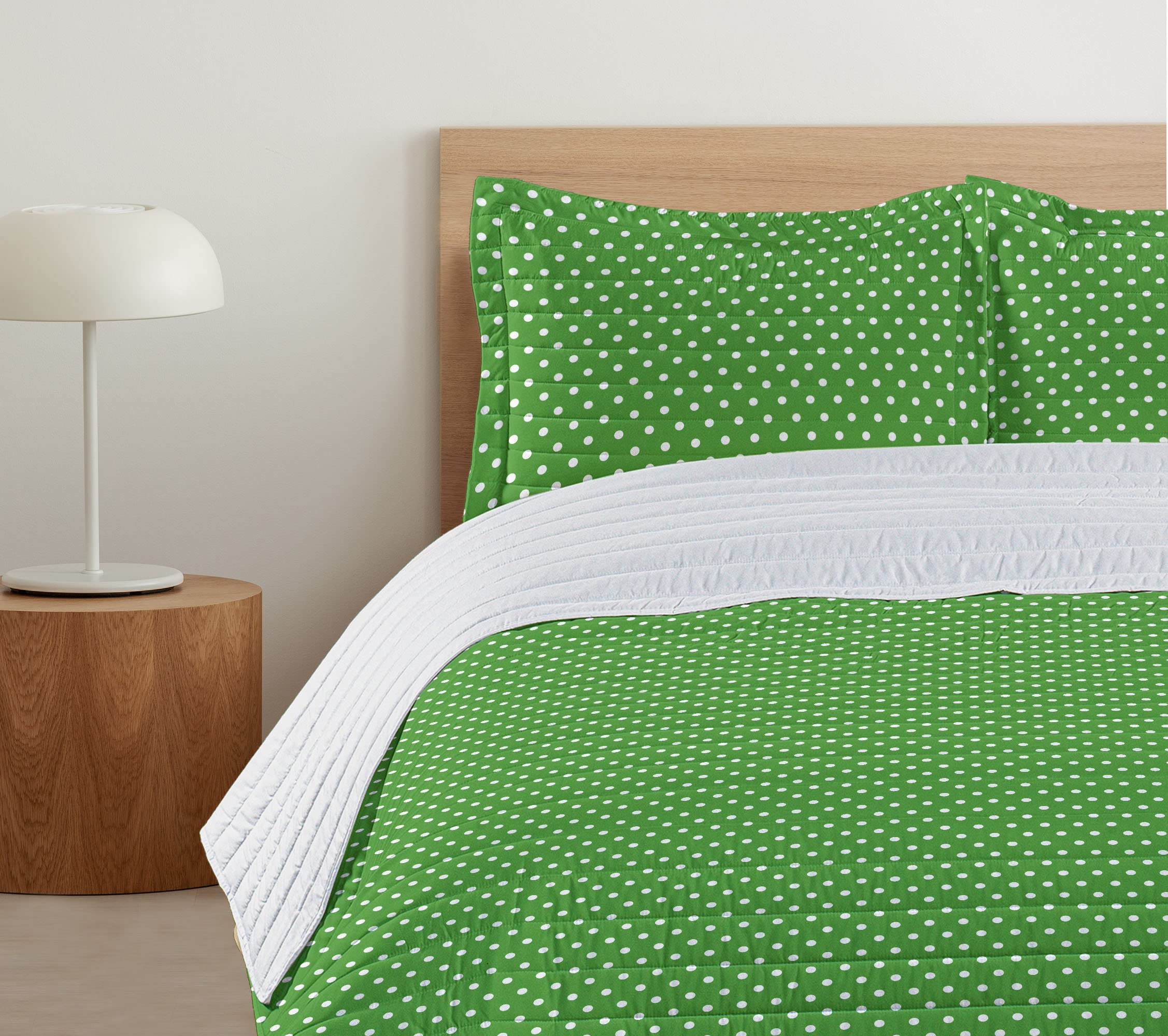 Ambesonne Polka Dot Microfiber Bedspread Set - Queen Size Fern Green & White Retro Geometric Pattern with Pillow Shams & Comforter | Soft Bedding for Cozy Bedroom Decor, Guest Room Makeover or Bohemian Style Home