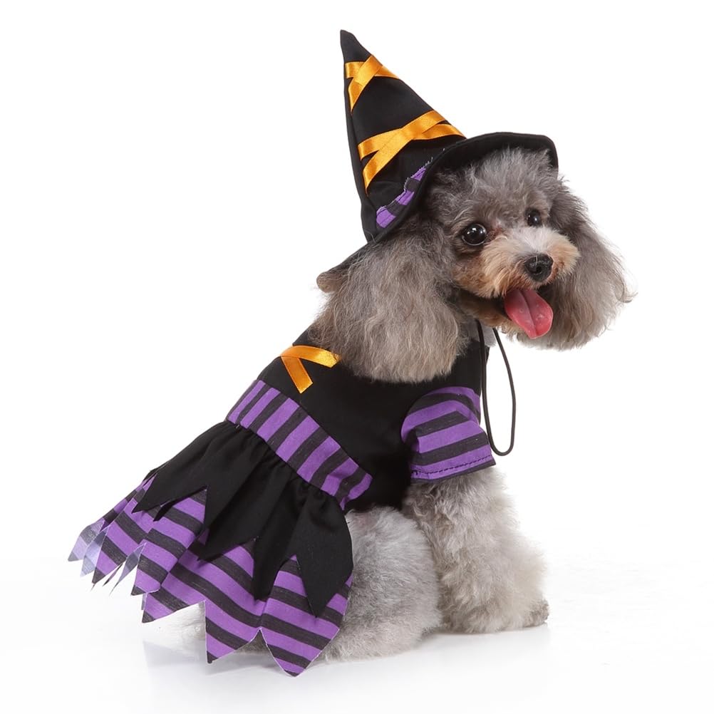 Hemobllo Halloween Dog Costume - Purple Wizard Witch Outfit with Hat for Small & Medium Dogs | Funny Pet Cosplay Costume for Halloween Parties & Dress-Up Play