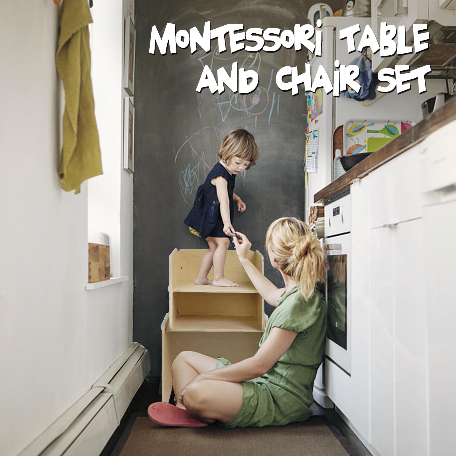 WOOD CITY Montessori Weaning Table and Chair Set (19.7 Inch) - Adjustable Height Solid Hardwood Toddler Desk for Reading, Snacking & Learning Activities | Kids Step Stool & Activity Cube | Montessori Furniture for Children Ages 3-6 | Perfect for Homeschooling, Playrooms & Daycare Centers