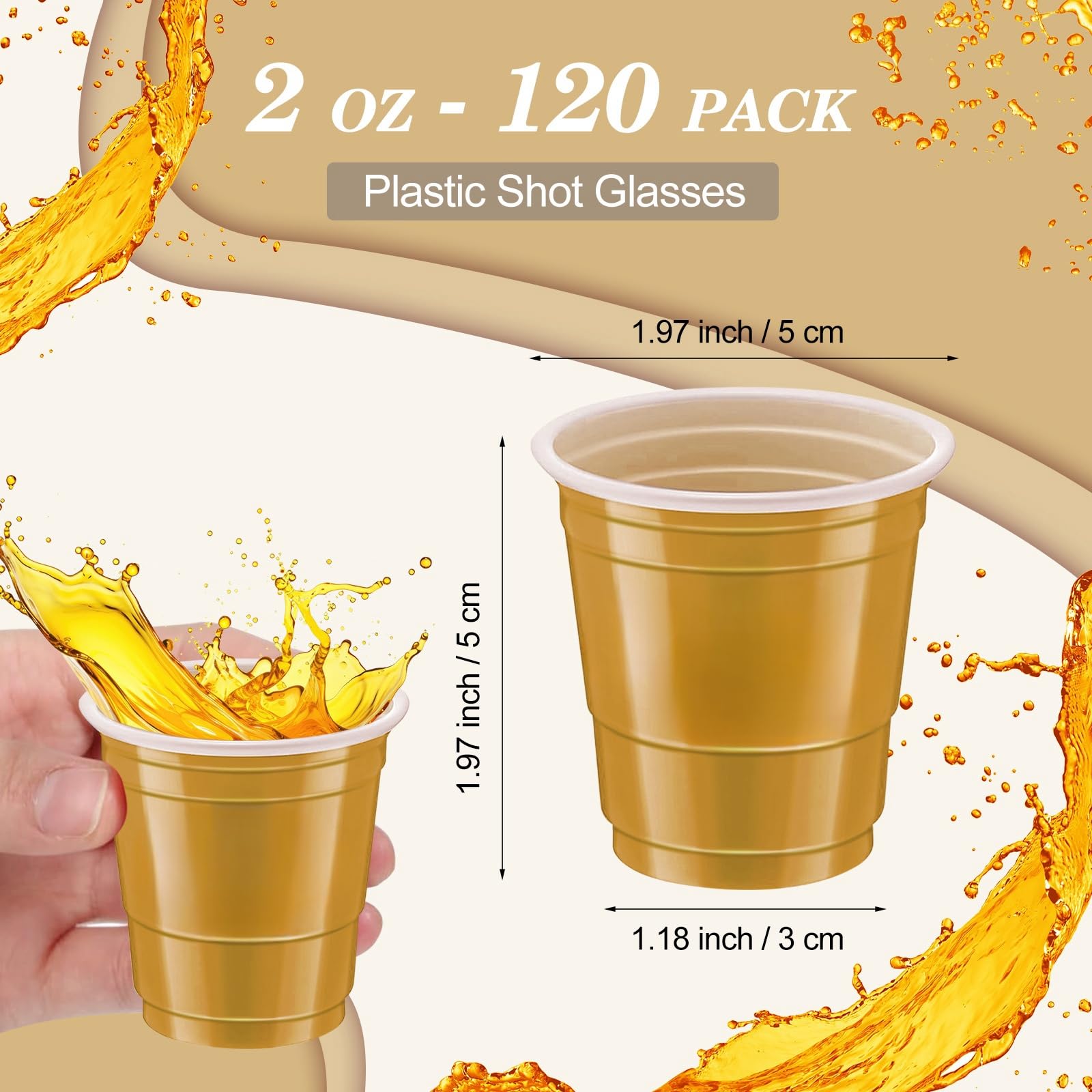 120pcs Gold Plastic Shot Glasses 2oz - Disposable Cups for Drinking, Tastings & Parties
