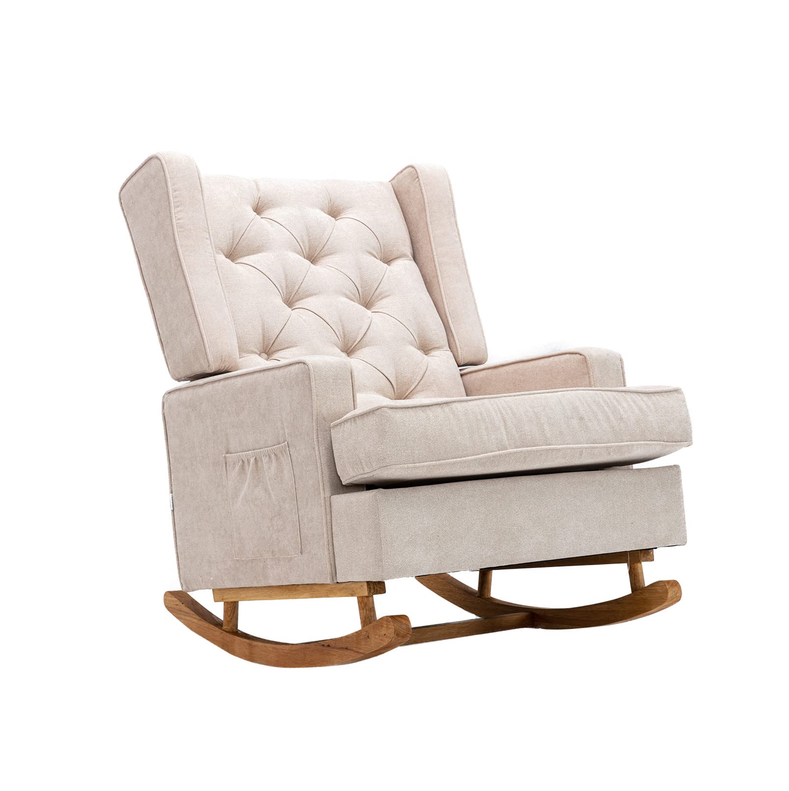 Mid-Century Modern Upholstered Solid Wood Rocking Chair - Comfortable Nursery Glider Rocker for Living Room, Bedroom, Study & Office - Beige Accent Lounge Chair - Perfect for Relaxing, Nursing & Reading
