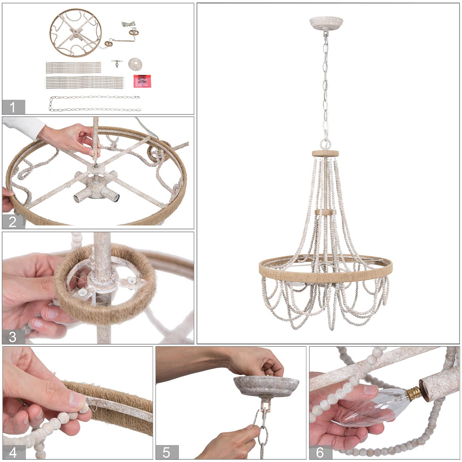 Rustic Farmhouse Wood Beaded Chandelier - 4-Light Boho Ceiling Pendant Light with Natural Hemp Ropes for Dining Room, Living Room & Bedroom Decor | Perfect for Boho, Farmhouse & Coastal Style Homes