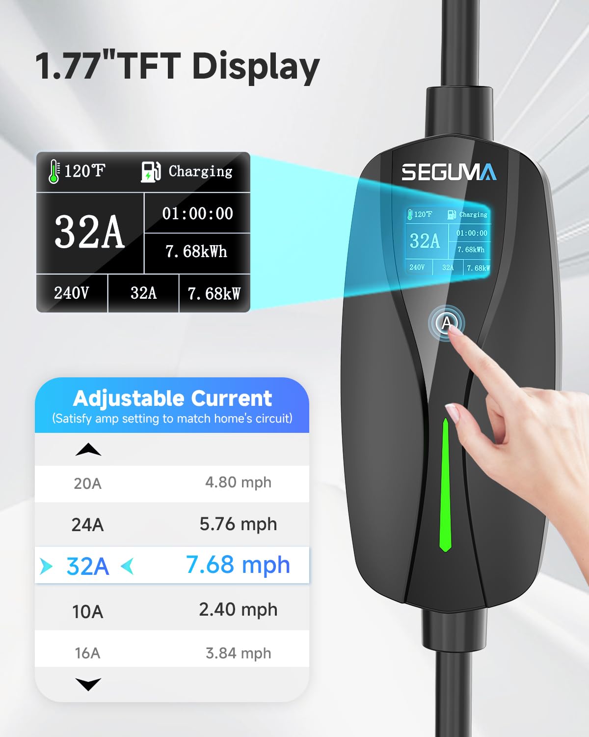 32Amp 240V Level 2 EV Charger for Tesla & All NACS Vehicles - 7.68kW Fast Charging, NEMA 14-50 Plug, Adjustable Current, 25FT Portable Electric Car Charger (Black) - Perfect for Home & Road Trip Charging