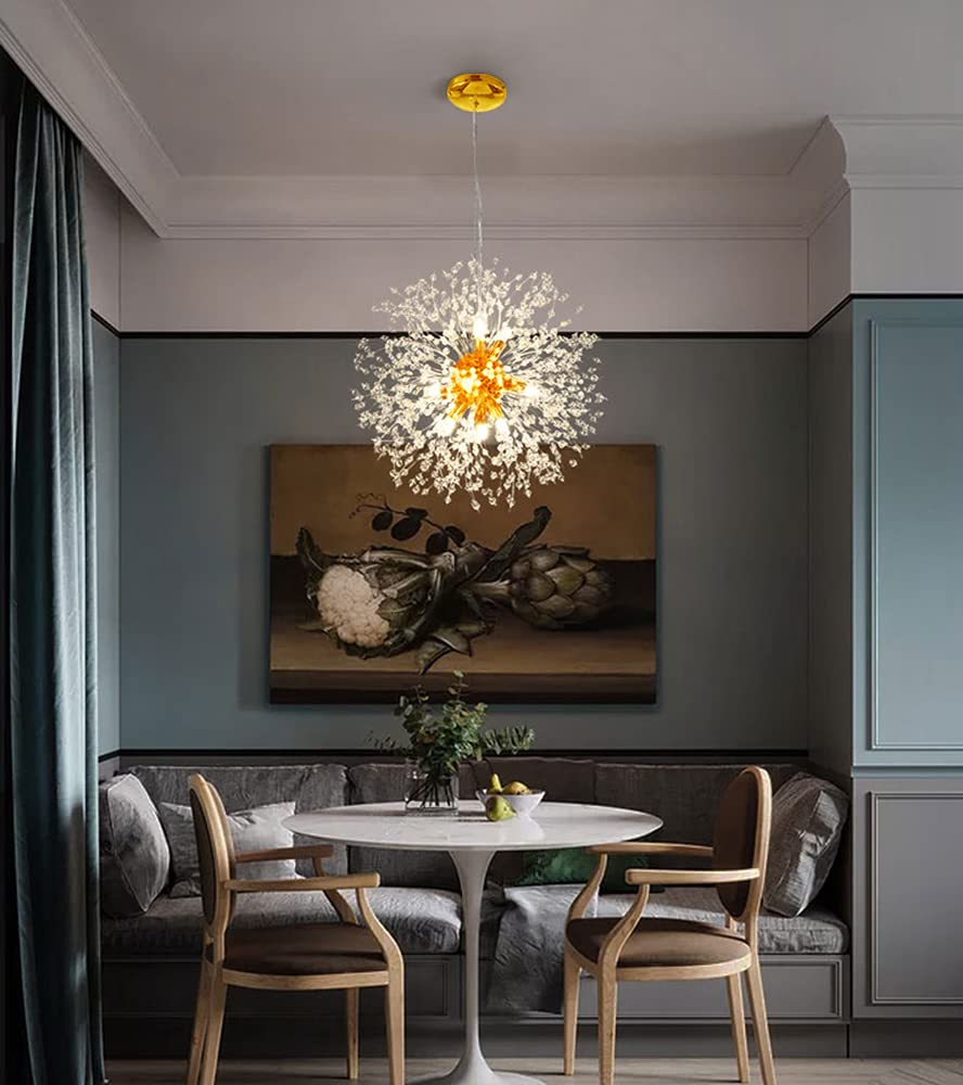 9-Light Gold Crystal Chandelier - Modern Firework Dandelion Ceiling Light Fixture for Dining Room, Bedroom, Hallway | Elegant Lighting for Weddings, Restaurants & Home Decor