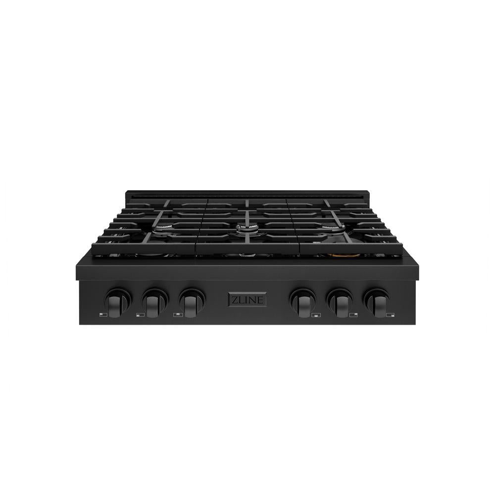 ZLINE 36 Inch Black Stainless Steel 6-Burner Gas Rangetop with Porcelain Cooktop - Professional Grade Stove for Home Kitchen, Restaurant Style Cooking, and Gourmet Meal Preparation (Model SRTB 36)