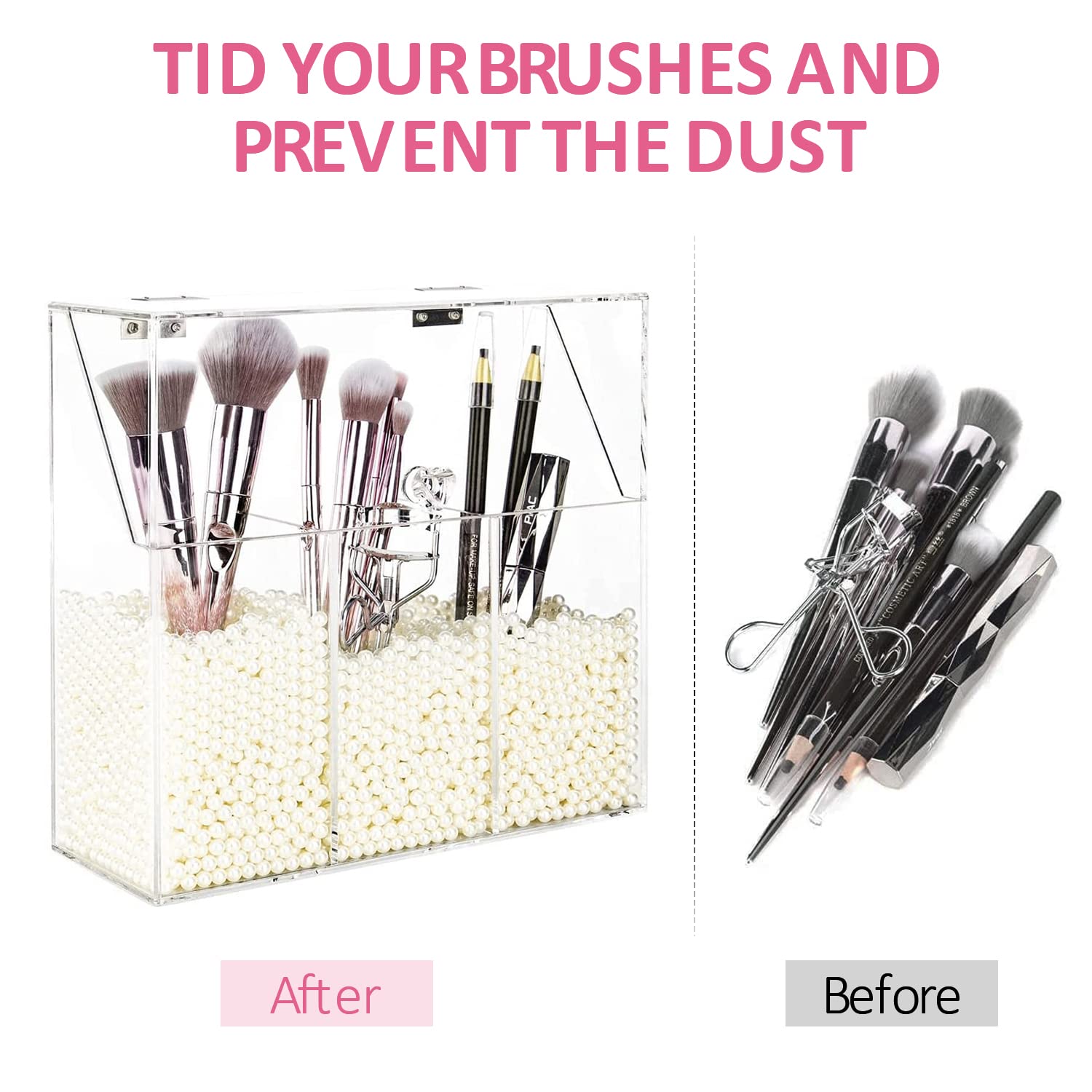 YestBuy Clear Acrylic Makeup Brush Holder with Pearls - Cosmetic Brush Organizer for Vanity, Bathroom & Bedroom Countertop Storage | Perfect for Makeup Artists & Beauty Enthusiasts