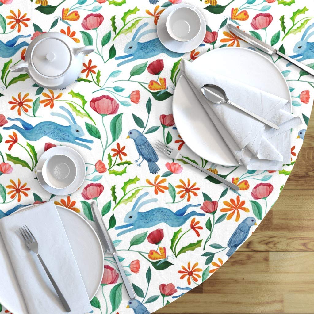 Custom Wildlife Bees Butterflies Birds Floral Print Cotton Sateen Tablecloth - 90