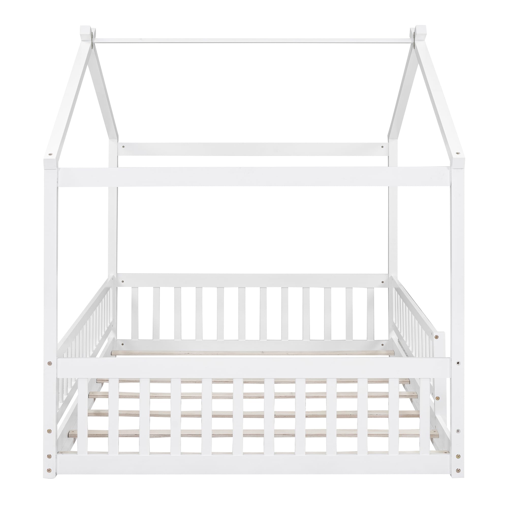 Montessori Floor Bed for Kids - Full Size Wooden House Bed Frame with Safety Fence | White Playhouse Bed for Toddlers & Children | Perfect for Montessori Bedrooms, Playrooms & Cozy Sleep Spaces