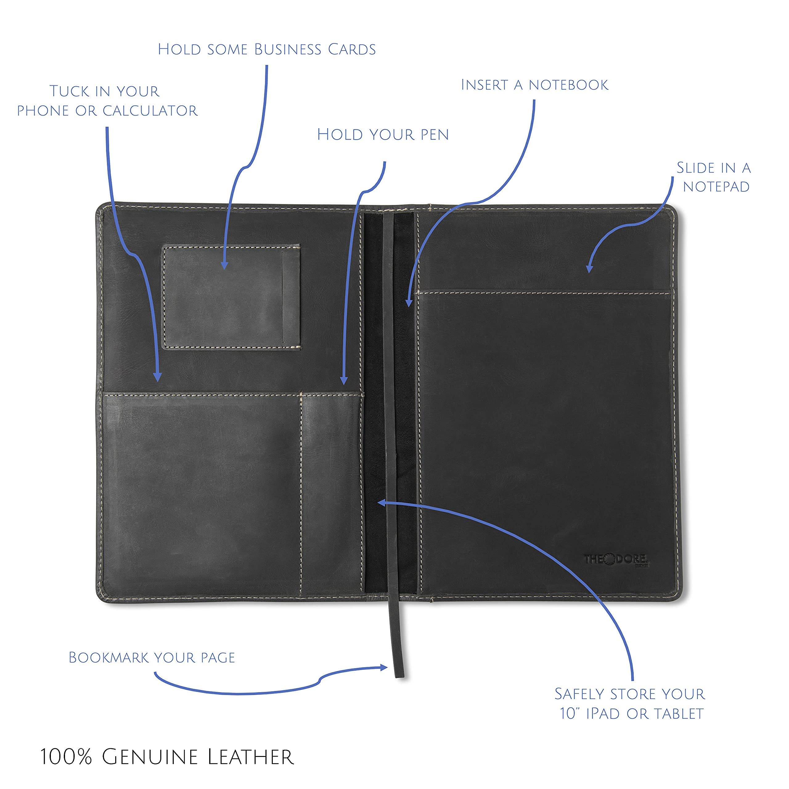 Premium Theodore Black Leather Notebook Cover 7.8 x 10.8 Inch - Professional Journal Organizer with Tablet Pocket, Phone Holder, Business Card Slots & Pen Loop - Fits Moleskine XL Notebooks - Perfect for Business Meetings, Office Work & Travel Organization