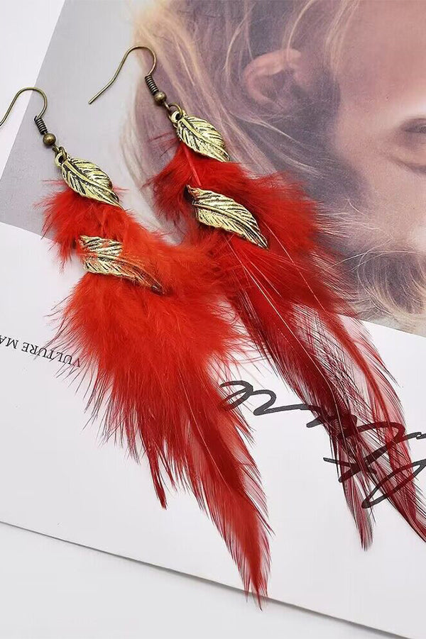 Vintage Bohemian Feather Earrings with Chain Tassel - Handmade Dangle Jewelry for Women - Perfect for Festivals, Parties, and Boho Fashion Accessories