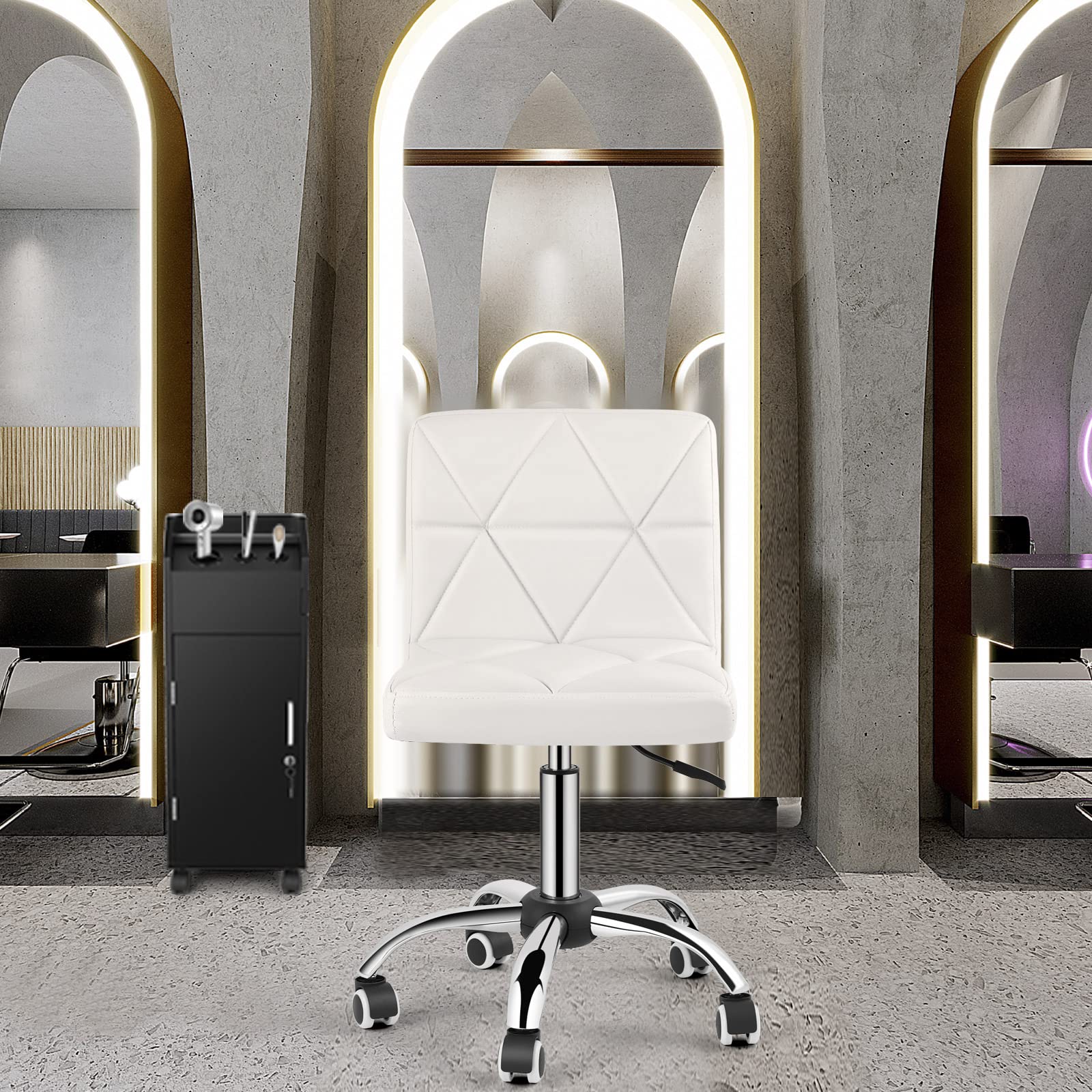 Adjustable Low Back Swivel Office Chair with Rolling Wheels - Armless Executive Desk Chair with Diamond Pattern for Home Office, Computer Work & Barber Shop - White Ergonomic Task Chair for Comfortable Working & Styling