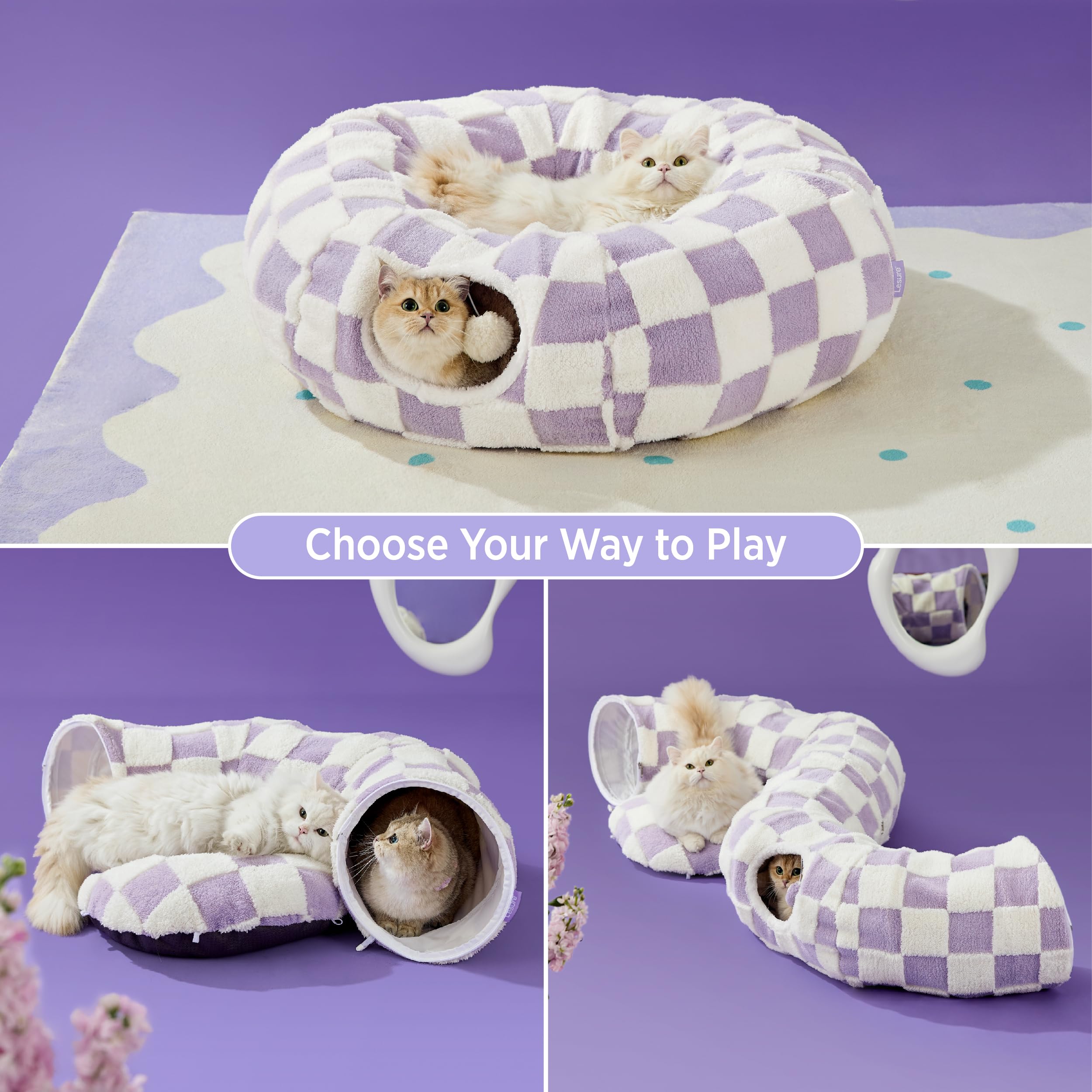 Lesure Cat Tunnel Bed for Indoor Cats - Washable Donut Tunnel with Cushion, Round Peekaboo Hideaway Toy for Kittens, Puppies & Rabbits (Purple) - Perfect for Playtime, Napping & Indoor Pet Adventures