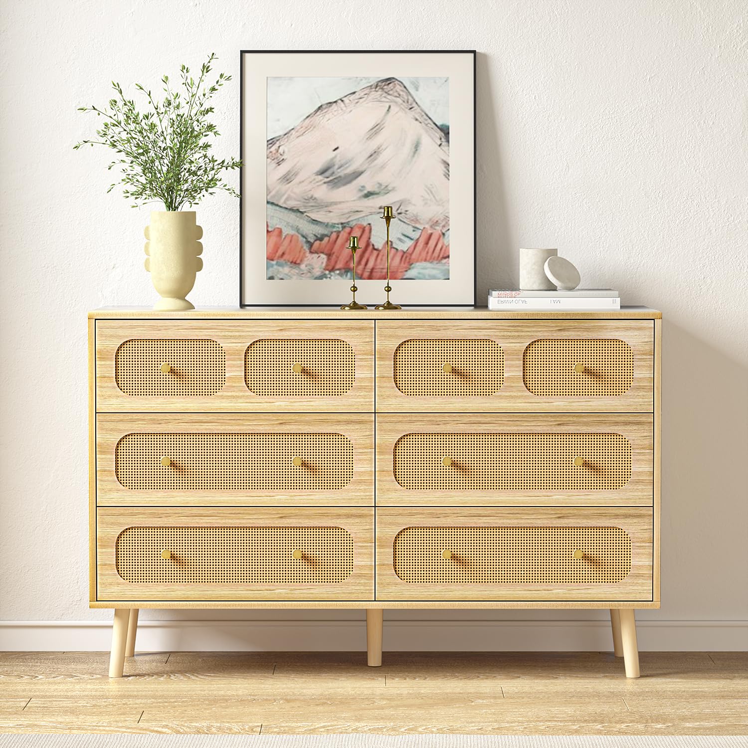 Modern Rattan Dresser for Bedroom - 6 Drawer Double Dresser with Gold Handles, Natural Wood Storage Chest - Perfect for Bedroom Organization & Home Decor