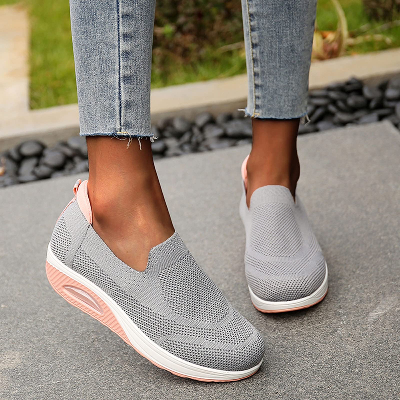 Women's Slip-On Wedge Sneakers - Wide Width Walking Shoes with Mesh Air Cushion & Knitted Upper | Comfortable Platform Shoes for Nurses, Casual Running & Everyday Wear