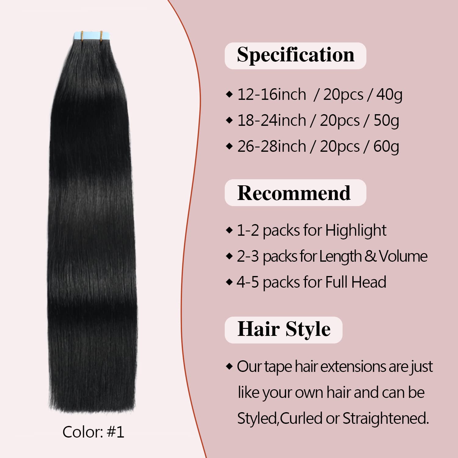 Sunya 28-Inch Jet Black Tape in Hair Extensions - 100% Human Hair, Straight, #1 Color, 60g/20Pcs - Perfect for Length & Volume, Styling, Weddings & Daily Wear