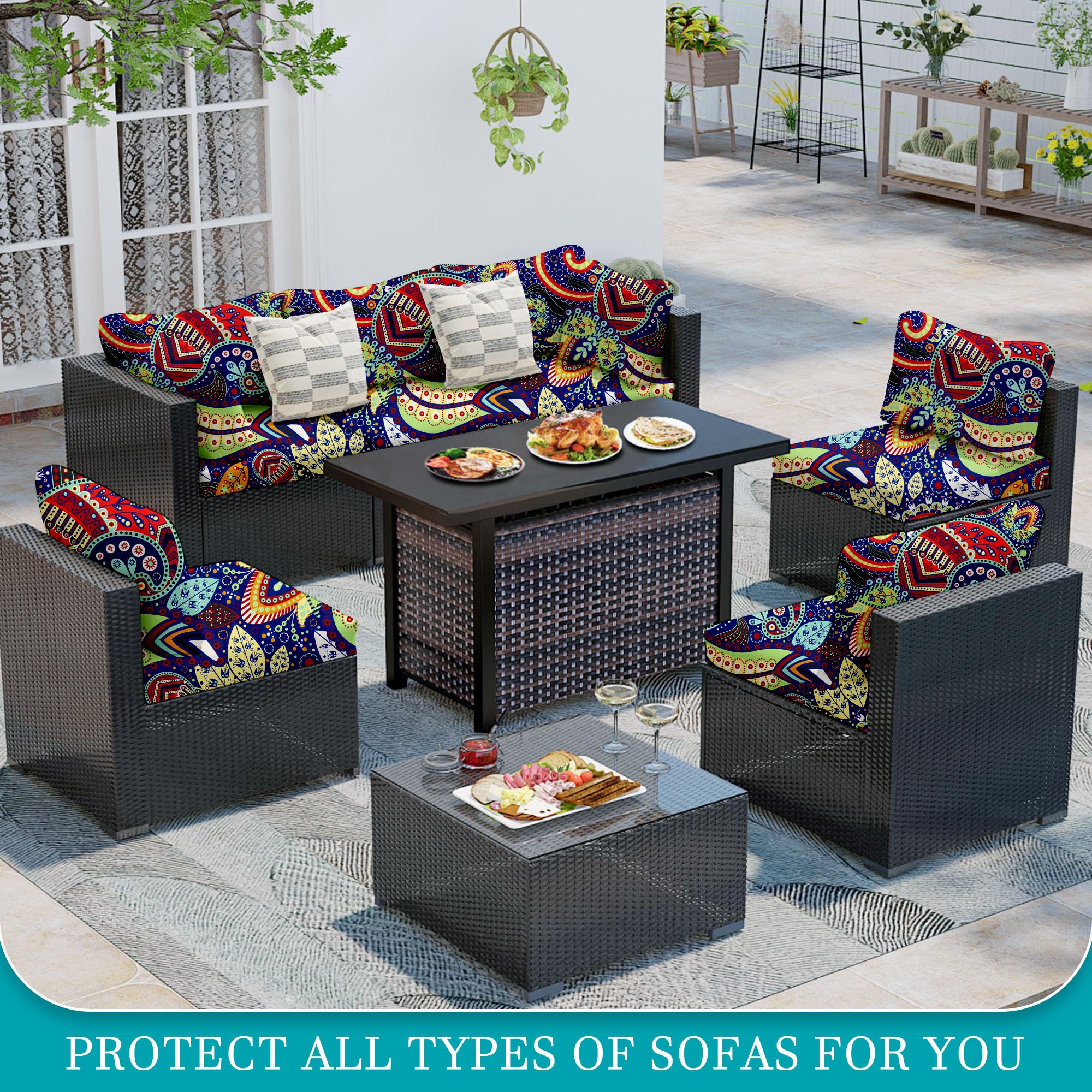 14-Piece Stretch Patio Cushion Covers - Waterproof Outdoor Furniture Slipcovers for Sofa, Couch & Chair Cushions Replacement - Washable & Durable Rococo Design (Covers Only) - Perfect for Backyard, Deck, Poolside & Patio Furniture Protection
