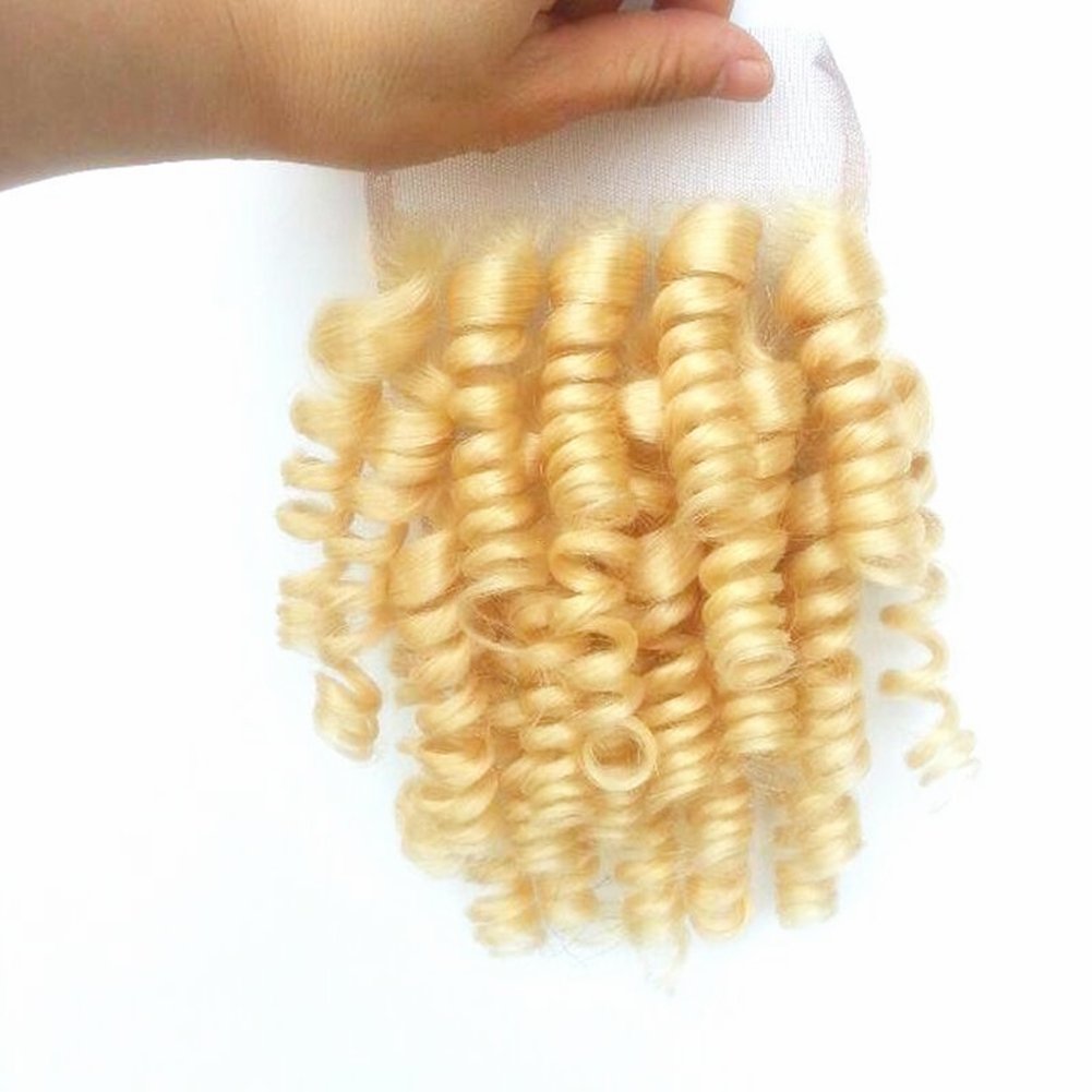 613 Blonde Bleach Human Hair Bundles with 4x4 Lace Closure - 3 Bundles & 1 Closure Set (14/16/18+12 Inch) - Romance Curl 3B/4A Virgin Hair Extensions for Weaving | Perfect for Parties, Weddings & Daily Styling