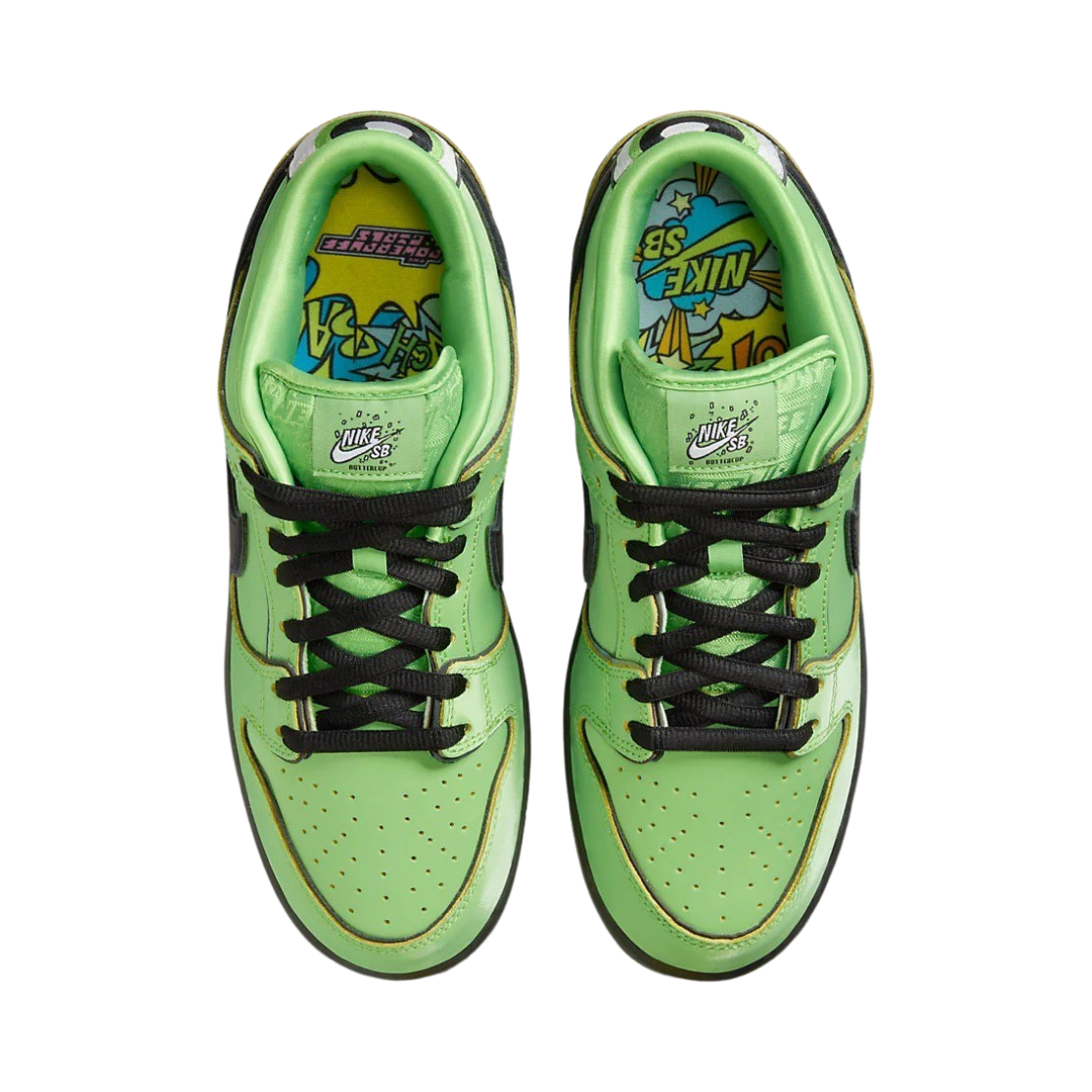 Nike SB Dunk Low Pro QS Powerpuff Girls Buttercup Sneakers - Mean Green, Black Lotus & Pink Colorway - Perfect for Skateboarding, Streetwear & Cartoon Fans Collection