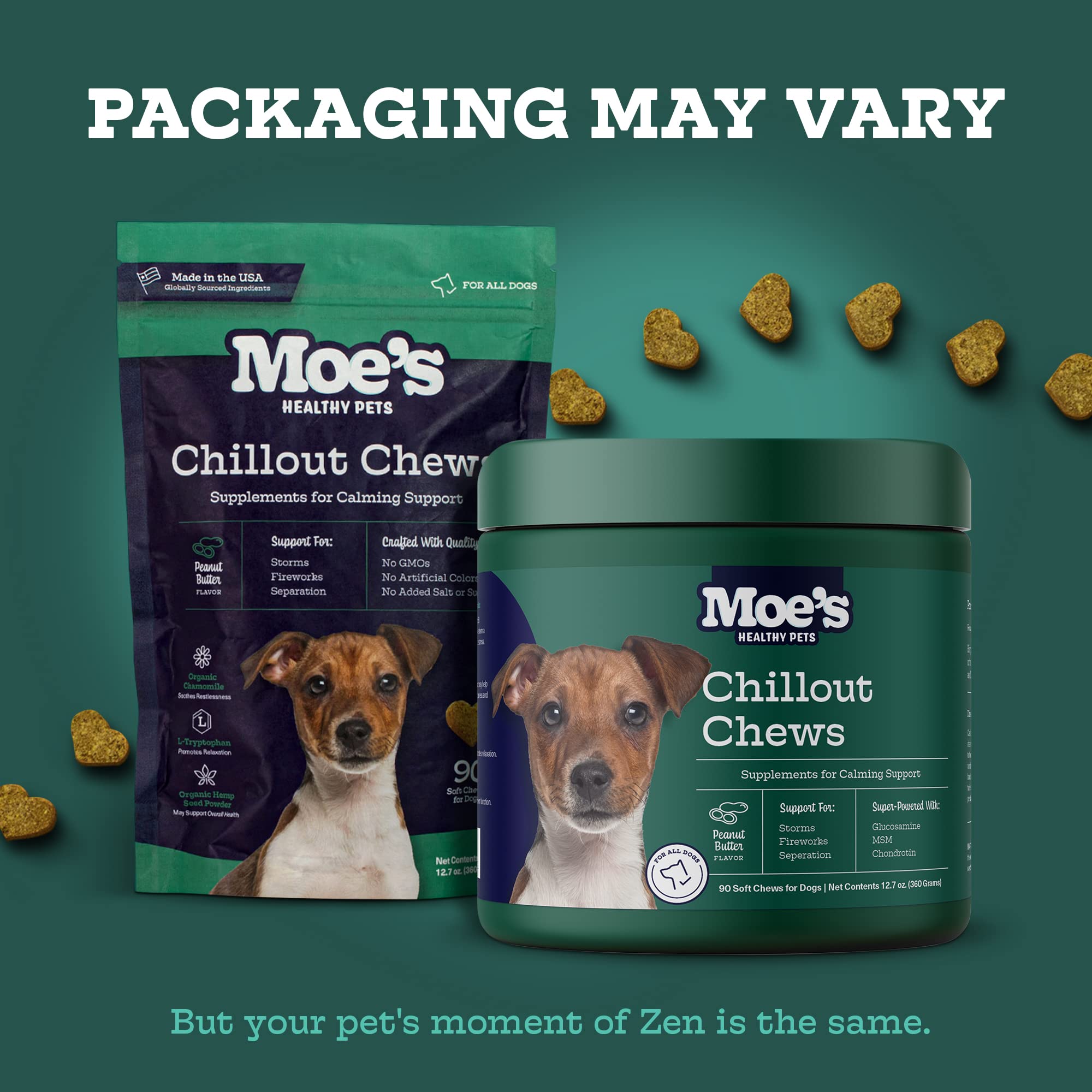 Moe’s Hemp Calming Chews for Dogs - Natural Stress & Anxiety Relief with Tryptophan & Chamomile - Helps with Storms, Fireworks, Travel, Separation Anxiety - Made in USA - Peanut Butter Flavor - Perfect for Nervous, Hyperactive, or Anxious Dogs During Vet Visits, Grooming, or Thunderstorms