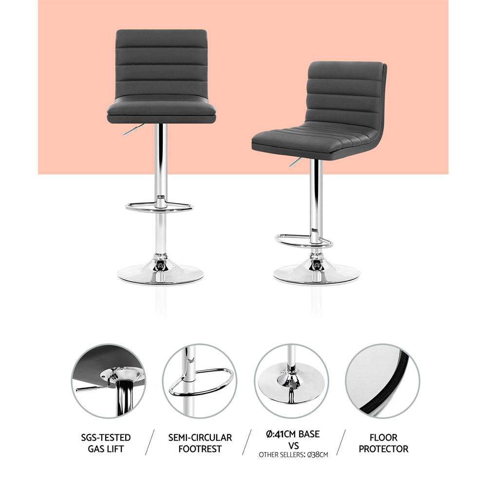 2 Pack Adjustable Height Bar Stools with Padded Leather Seat and Gas Lift Mechanism - Grey - Perfect for Kitchen Island, Home Bar, and Dining Room
