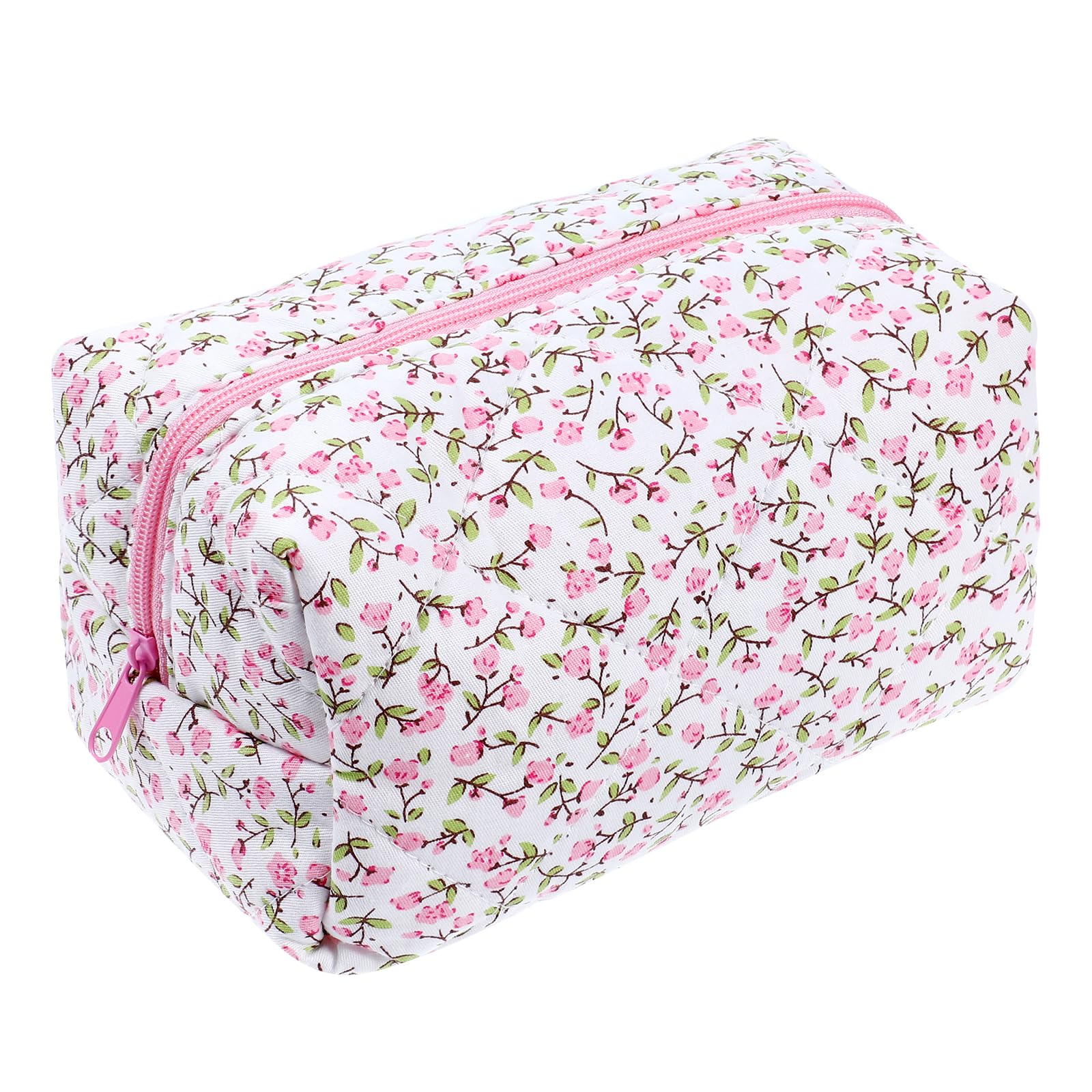 Quilted Floral Cosmetic Bag for Women - Cute Pink Makeup Organizer & Travel Toiletry Pouch | Portable Zippered Storage for Makeup Brushes, Lipsticks & Skincare | Perfect for Travel, Gym & Daily Use
