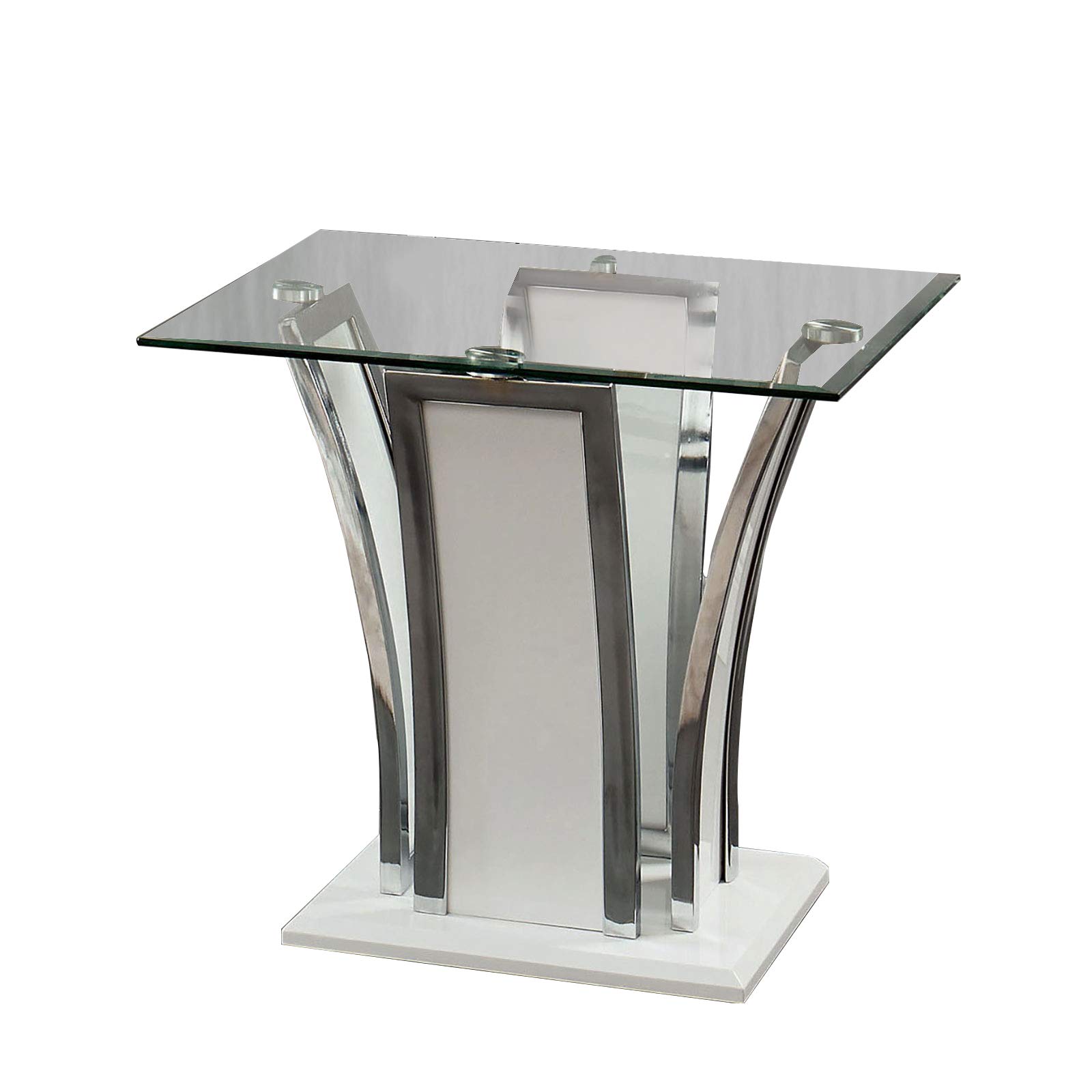 Benjara Chrome Trim Flared Base End Table with Glass Top - White & Silver Accent Side Table for Living Room, Bedroom, or Office Decor