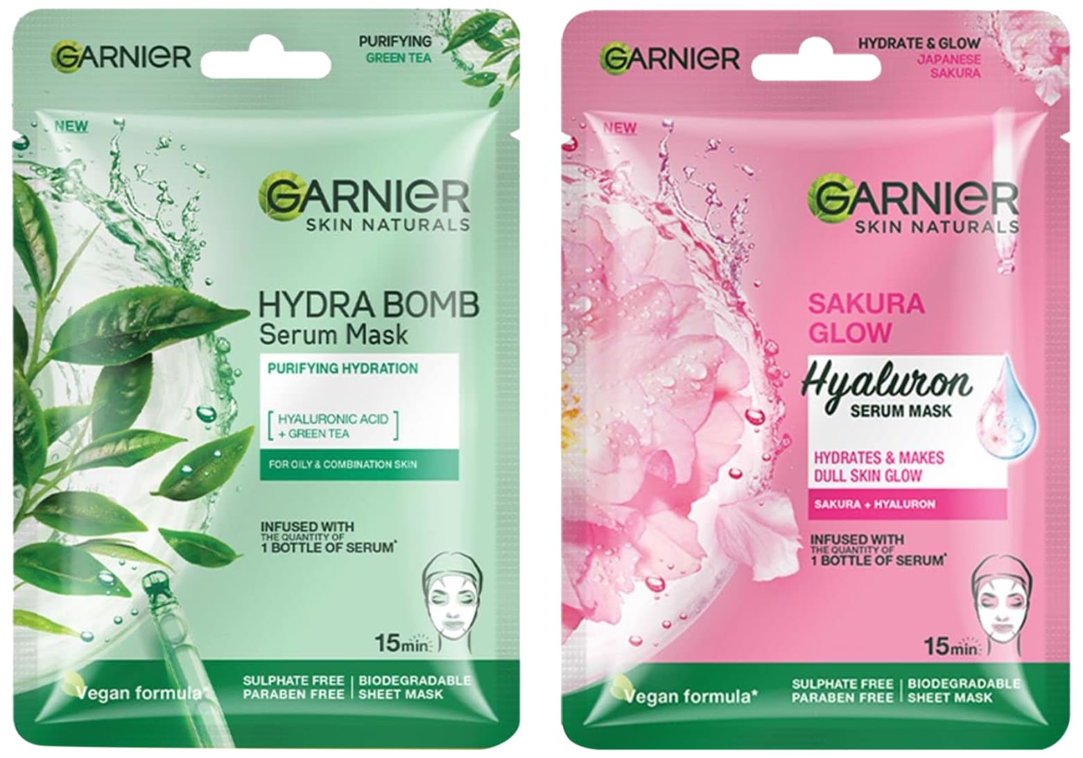 Garnier Skin Naturals Sakura White & Green Tea Face Serum Sheet Masks Set - 32g Each, Pink & Green - Brightening & Detoxifying for Glowing Skin - Perfect for Daily Skincare Routine & Self-Care Days