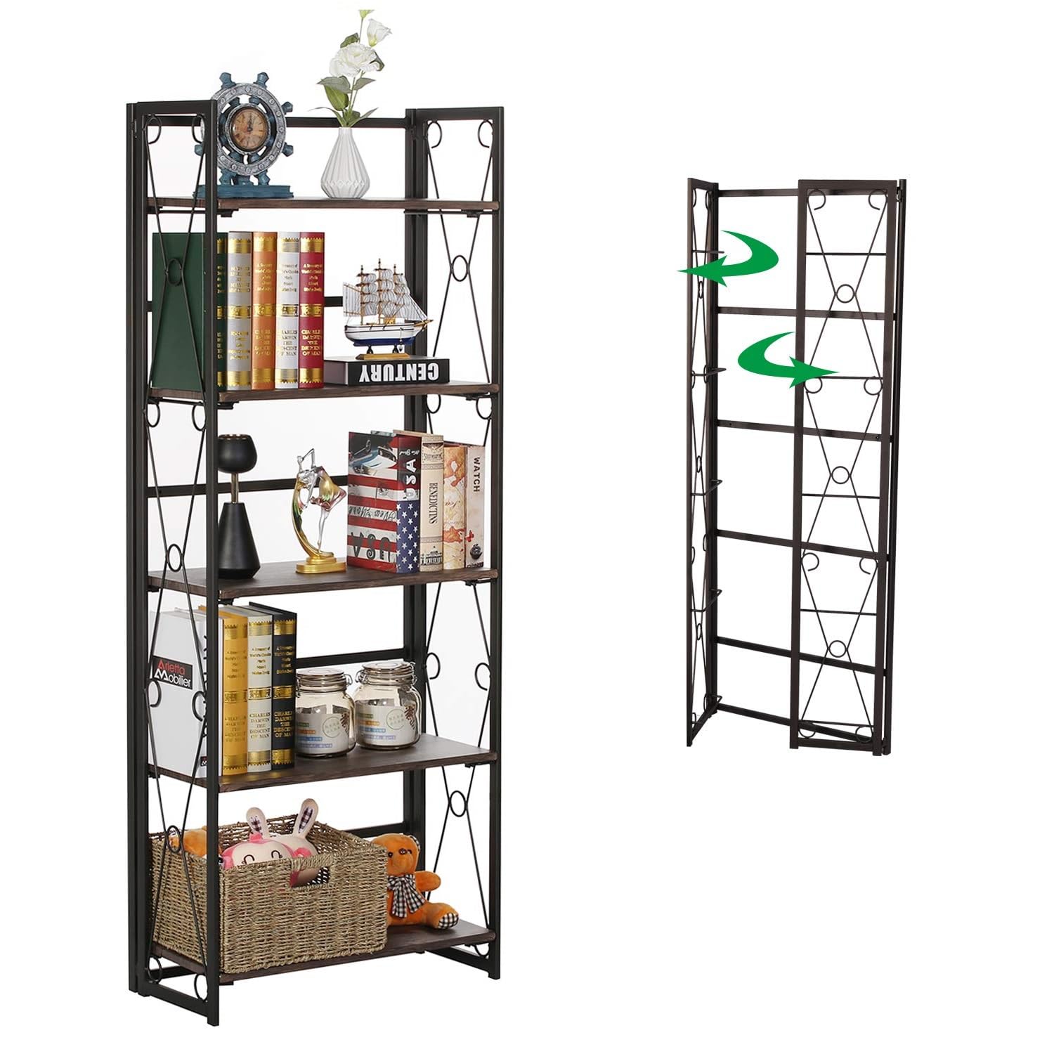 VECELO 5-Tier Folding Bookshelf - No Assembly Metal Bookcase, Industrial Freestanding Shelf Organizer for Living Room, Office, Bedroom & Kitchen - Perfect for Small Spaces & Home Storage Solutions