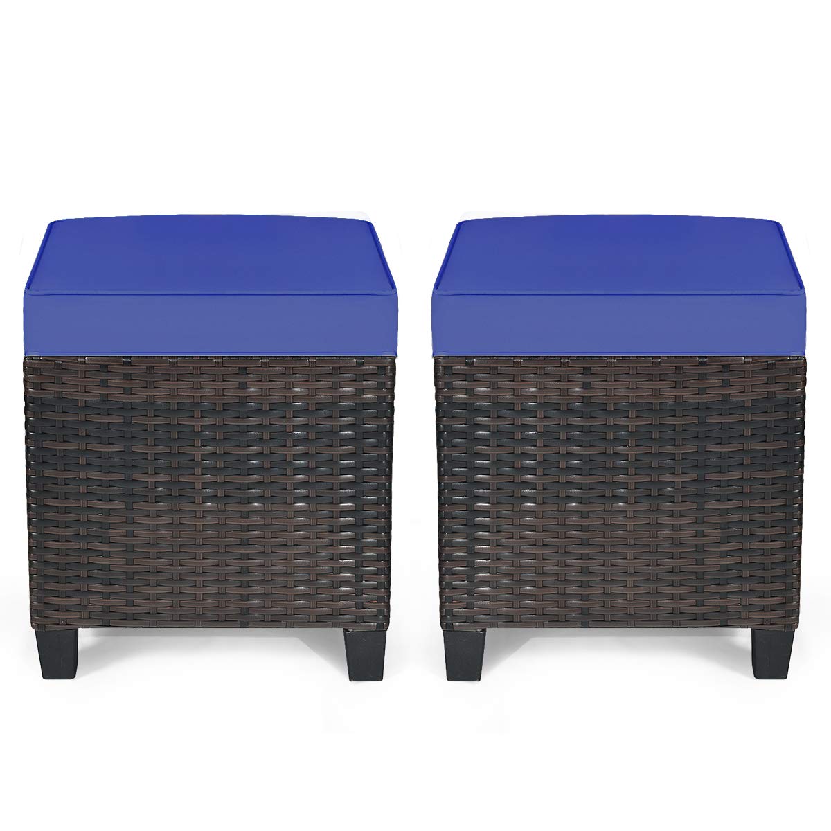 2-Piece Mocha Patio Furniture Set - All-Weather Rattan Outdoor Footstool & Ottoman with Removable Navy Blue Cushions - Perfect for Poolside Lounging, Garden Seating & Backyard Relaxation