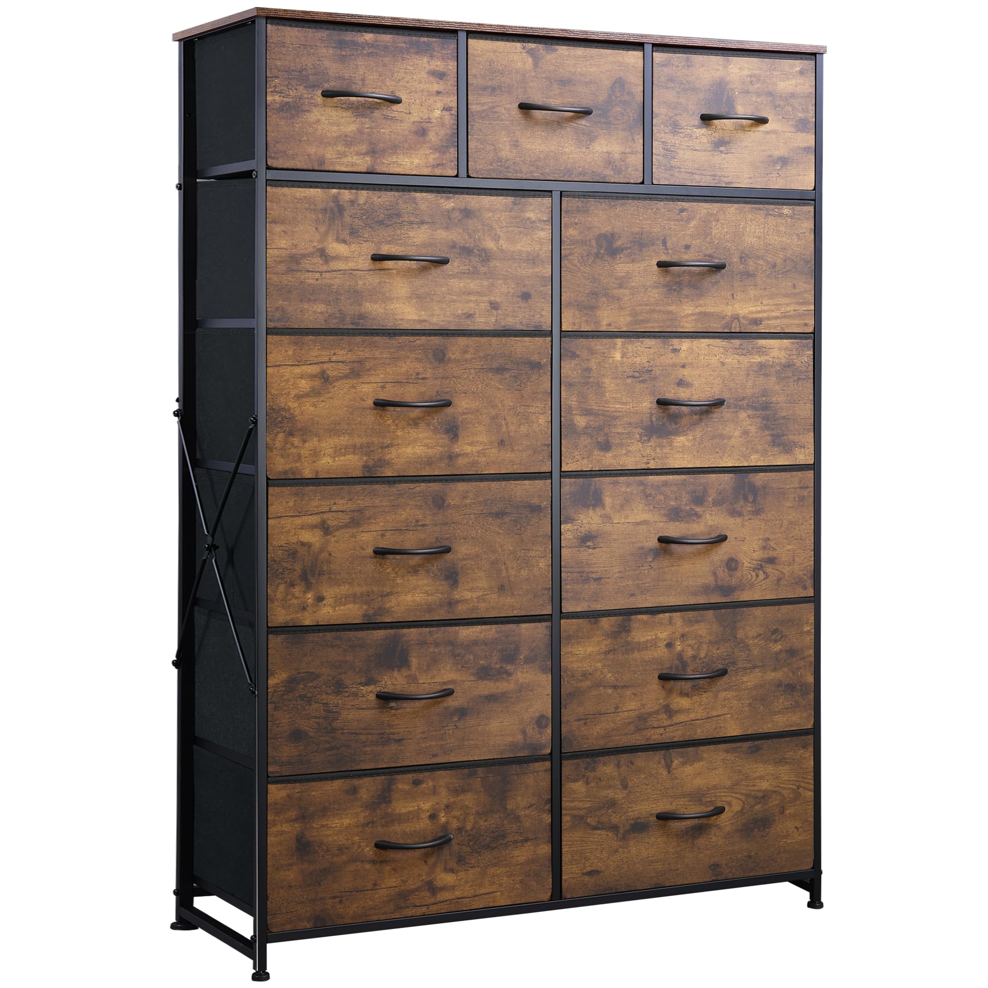 WLIVE 13-Drawer Tall Dresser for Bedroom - Fabric Storage Organizer with Steel Frame & Wood Top - Rustic Brown Wood Grain Print - Perfect for Bedroom, Closet & Home Organization