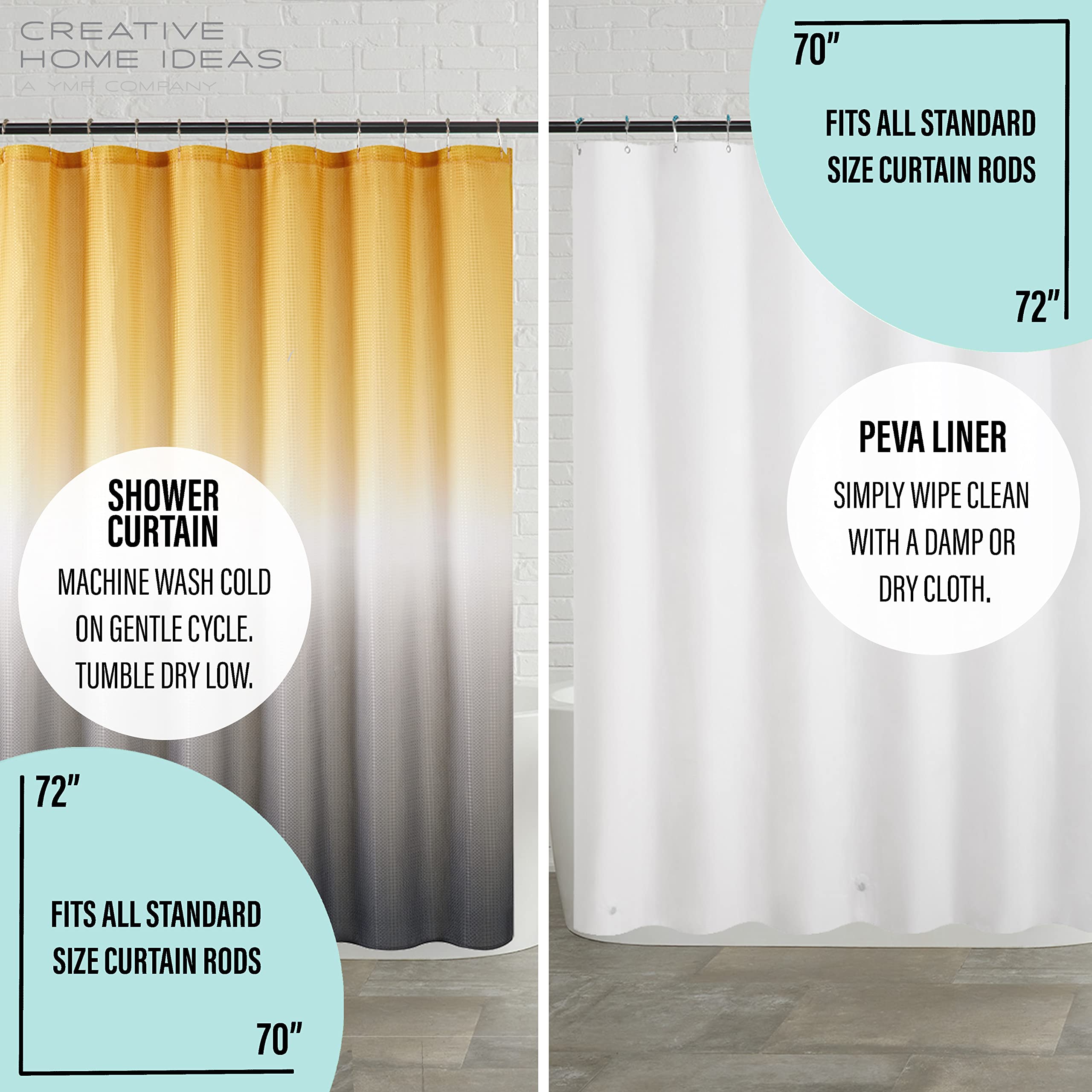 Ombre Shower Curtain Set - 14 Piece Bathroom Decor with Yellow White Grey Gradient, Includes 70x72 Shower Curtain, PEVA Liner & 12 Hooks - Perfect for Modern, Boho & Farmhouse Bathroom Styles
