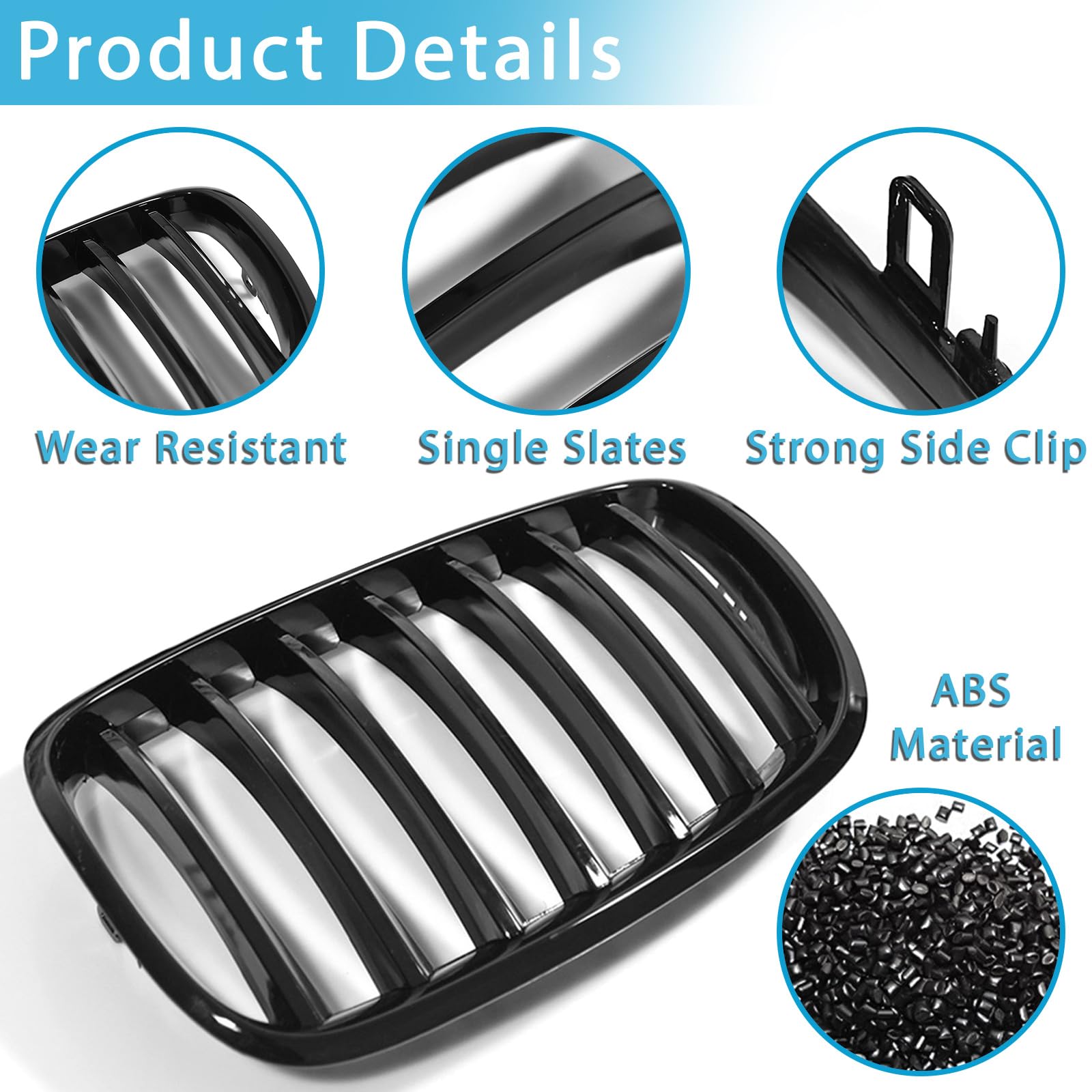 Gloss Black Front Grill Replacement for BMW X5 E70 (2007-2013) & X6 E71 (2008-2014) - Mesh Single Slat Kidney Grille with Side Fender - Perfect Upgrade for Enhanced Style & Protection