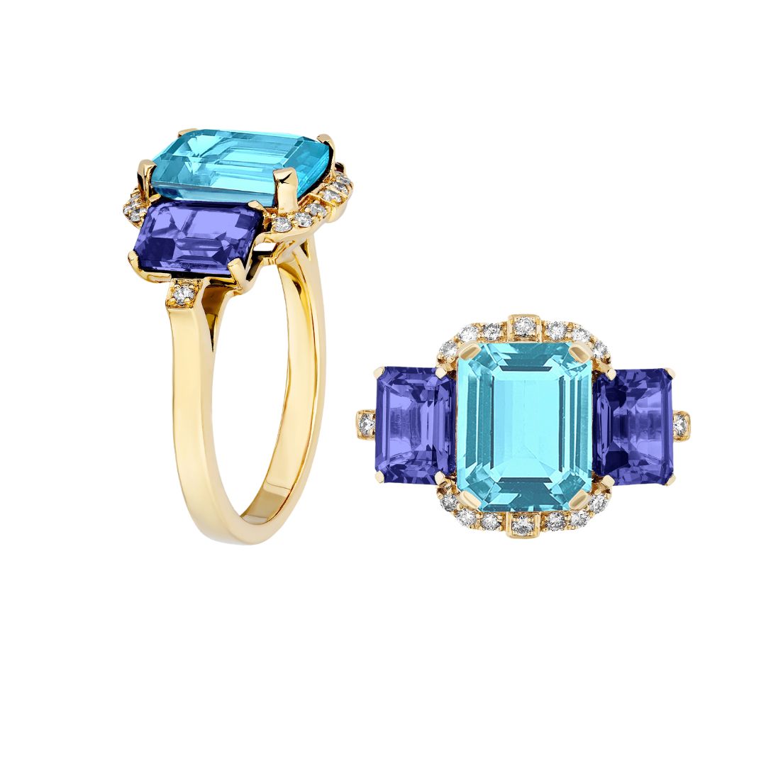Goshwara 3 Stone Blue Topaz & Tanzanite 18K Gold Ring for Women | Elegant Birthstone Jewelry Gift for Anniversary, Engagement & Special Occasions