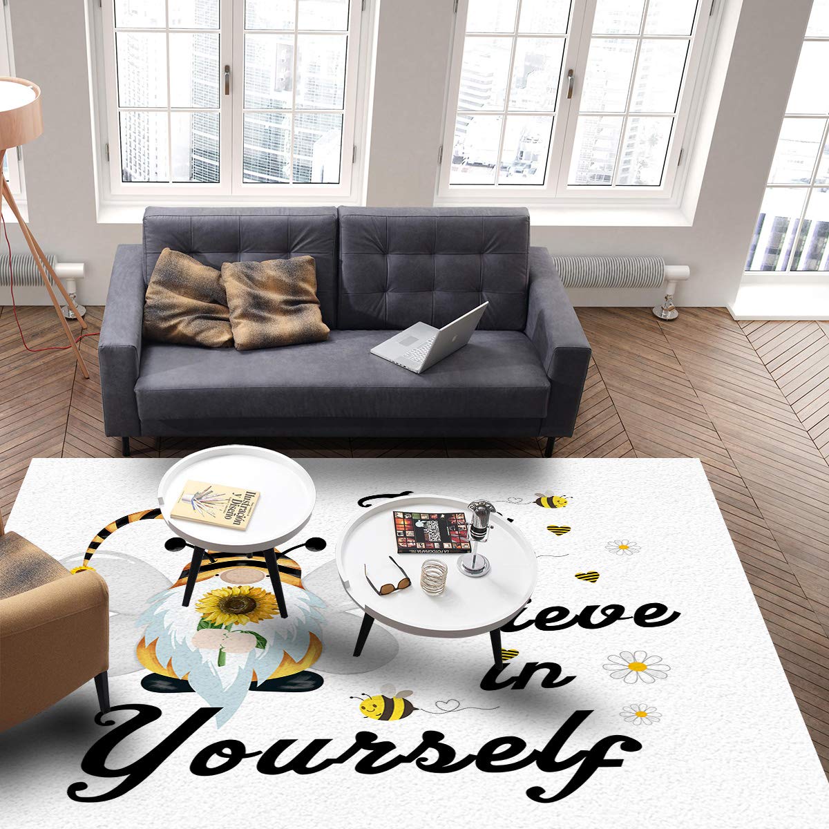 5'x7' Yellow Sunflower Geometric Stripe Non-Slip Area Rug - Washable Accent Carpet for Living Room, Bedroom, Kitchen, Front Porch & Bathroom | Gnome & Bee Design Floor Mat for Home Decor