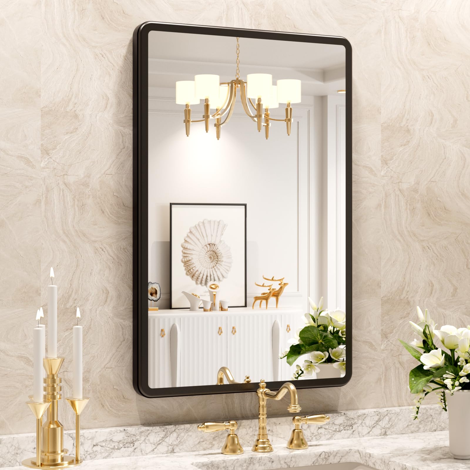 20X30 Inch Black Metal Frame Wall Mounted Bathroom Mirror - Rounded Rectangle Tempered Glass Vanity Mirror for Bathroom, Bedroom & Living Room - Perfect for Makeup, Grooming & Home Decor