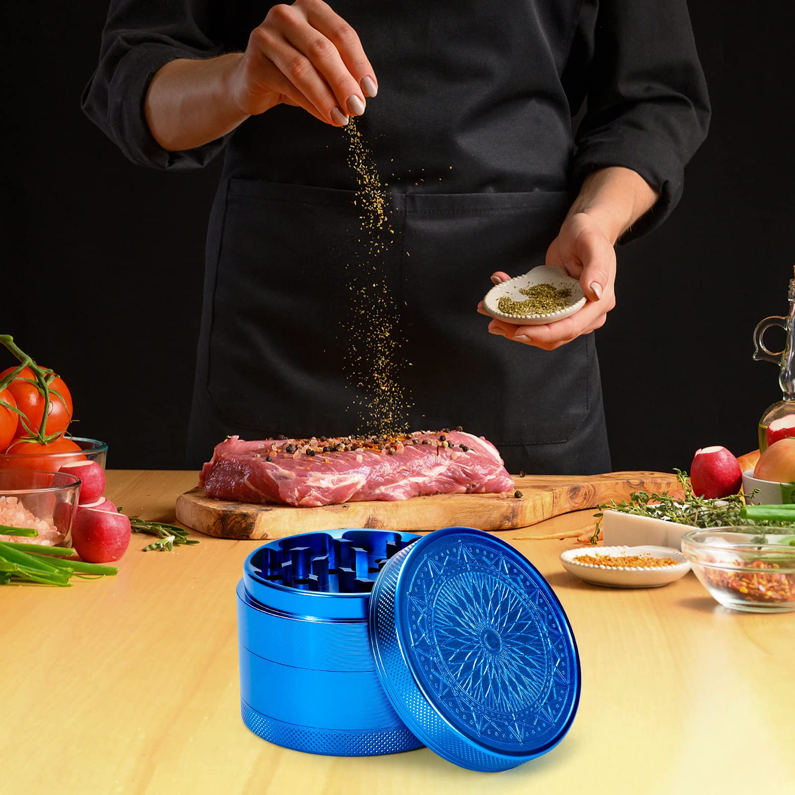 2.5 Inch Large Kitchen Grinder with Exquisite Pattern - Blue Spice Grinder for Herbs, Pepper, Salt | Perfect for Cooking, Baking & Seasoning Dishes