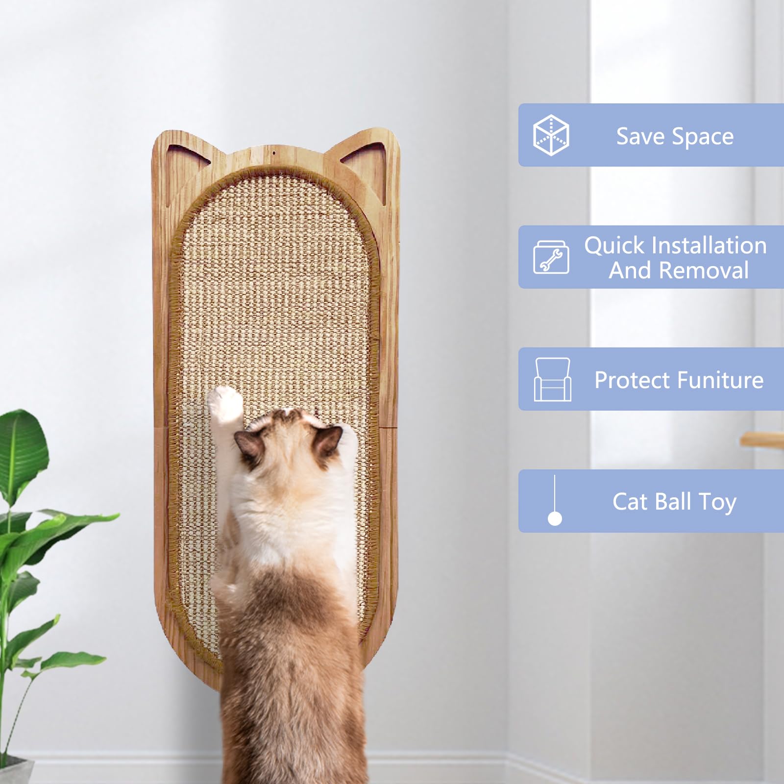 Folding Sisal Cat Wall Scratcher with Toy Ball - Space Saving Cat Furniture for Small Apartments