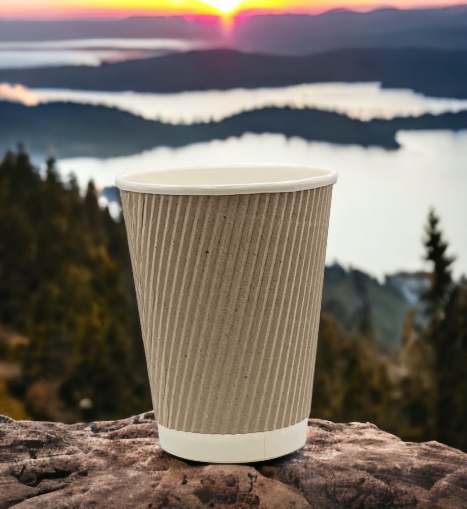 500 Pack 8oz (240ml) Kraft Brown Triple Wall Disposable Coffee Cups - Eco-Friendly Ripple Design for Hot Beverages, Perfect for Coffee Shops, Offices, and Catering Events