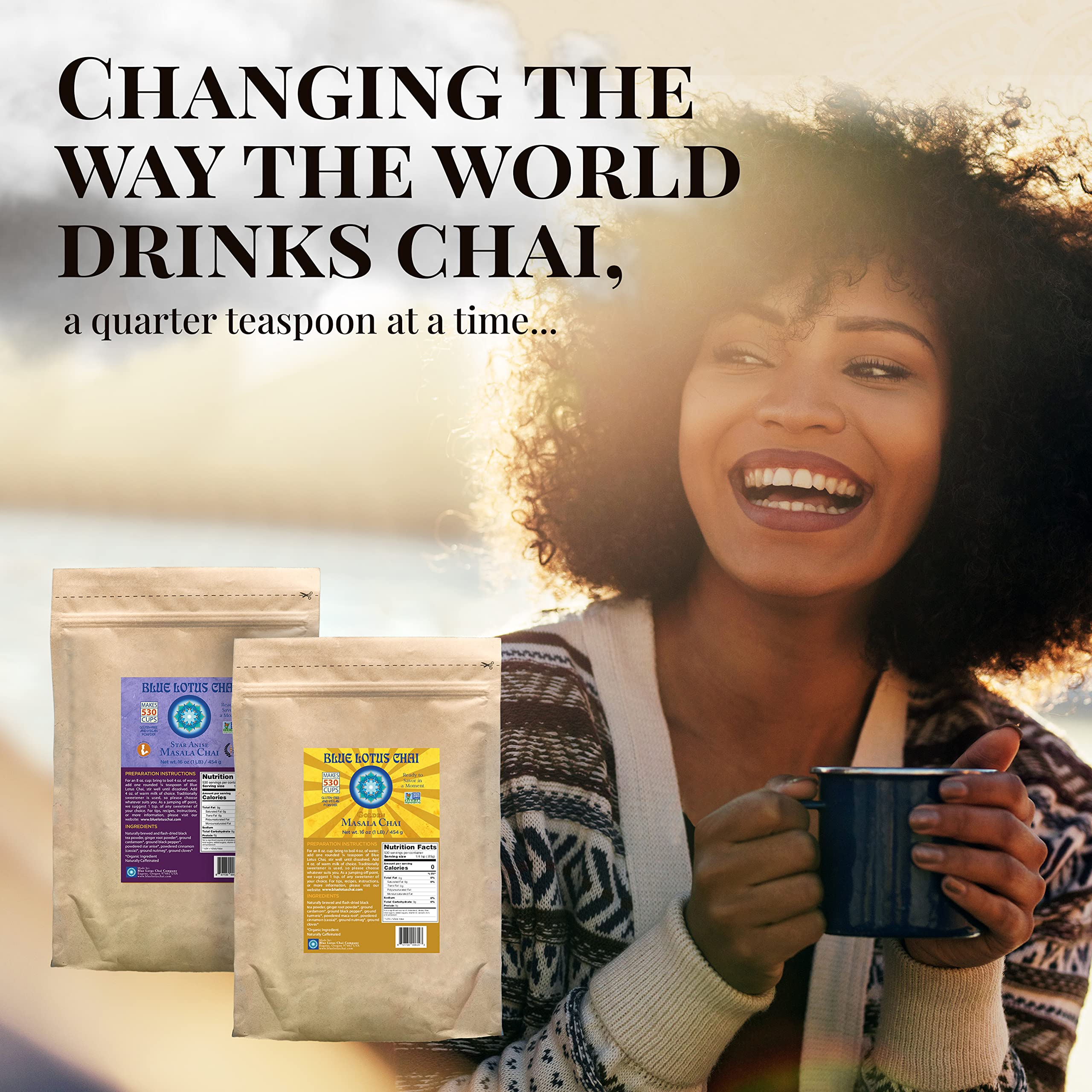 Blue Lotus Chai - Authentic Masala Chai Powder (1lb Bulk Bag) - Organic Spiced Indian Tea Mix - Makes 530 Cups - Instant, No Steeping, Gluten-Free - Perfect for Home, Office & Gifting