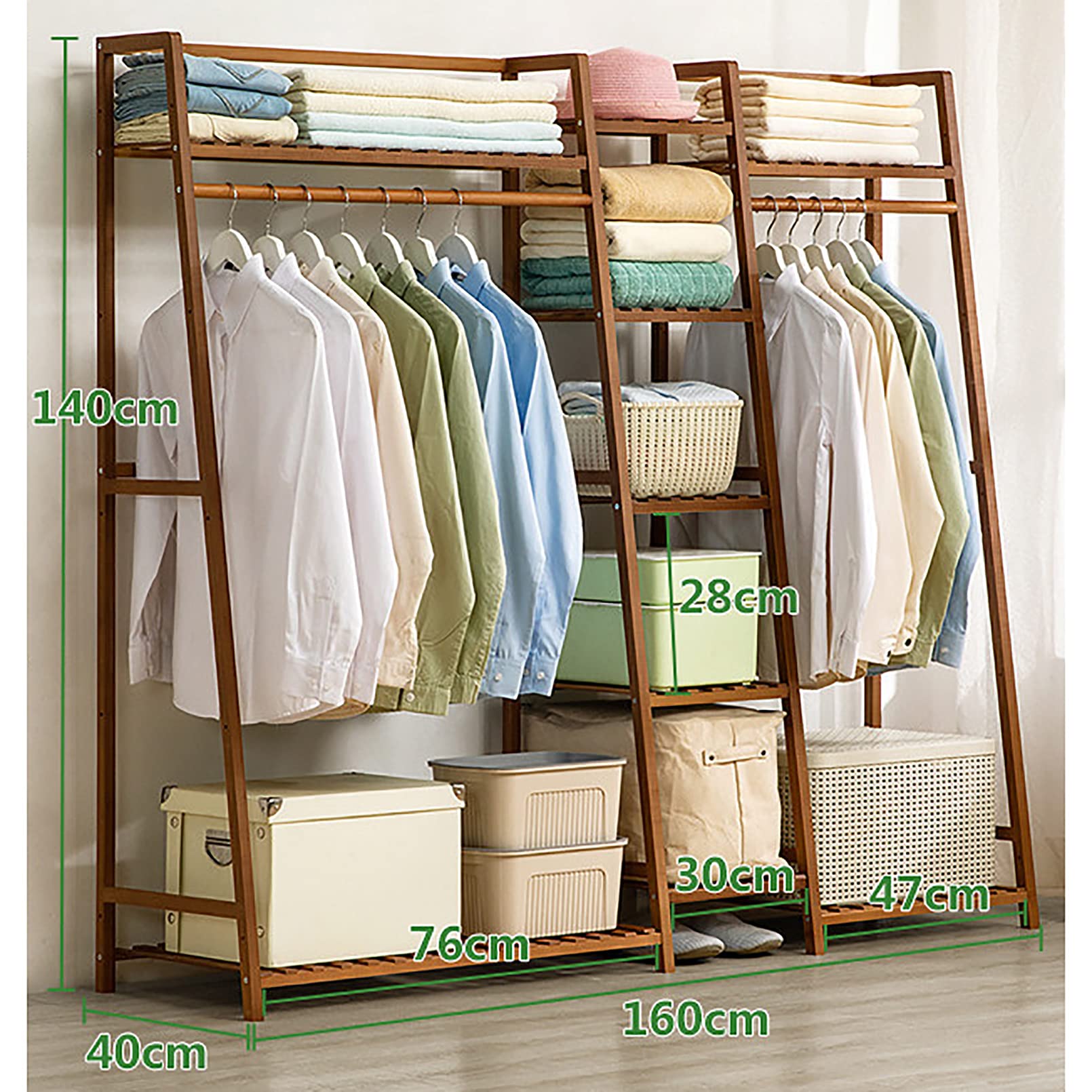 **Heavy Duty Bamboo Clothes Rack - Extra Large Portable Garment Rack with Top Shelf & Shoe Storage Organizer (160x140cm/63x55.1in, Brown) - Perfect for Closet Organization, Laundry Room, and Small Space Storage**