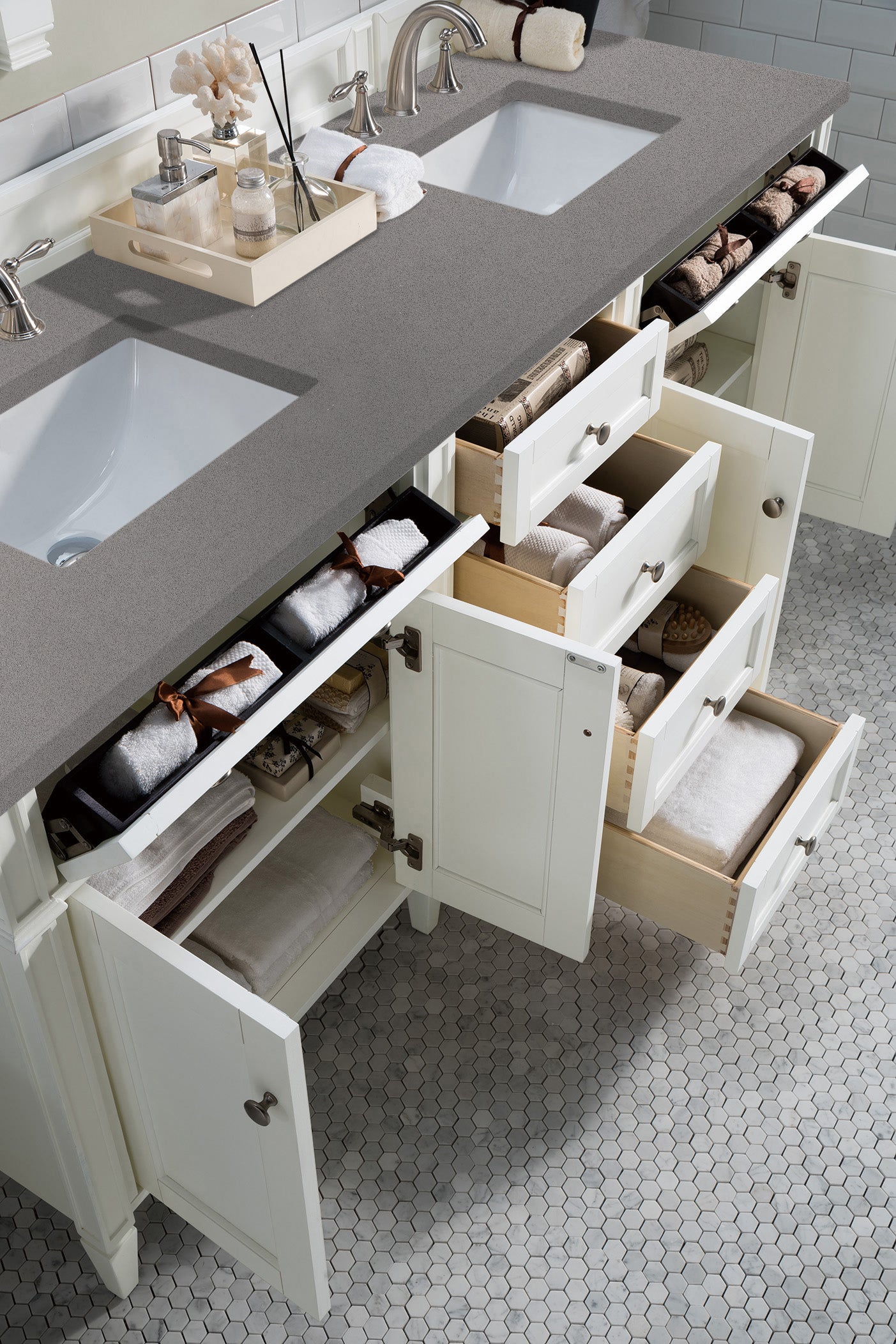 Brittany 72-Inch Bright White Double Vanity with 3CM Gray Expo Quartz Top - Perfect for Modern Bathroom Renovation & Master Suite Upgrade