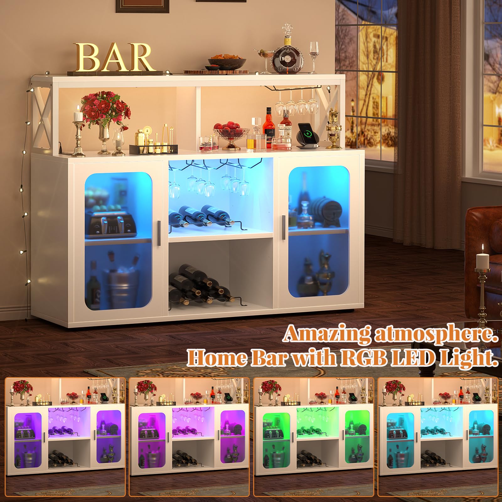 Aheaplus Modern Bar Cabinet with Power Outlet & LED Lights - Wine Storage Cabinet with Glass Holders, Adjustable Shelves - Perfect for Home Bar, Kitchen Coffee Station & Entertaining - White (Model S3)