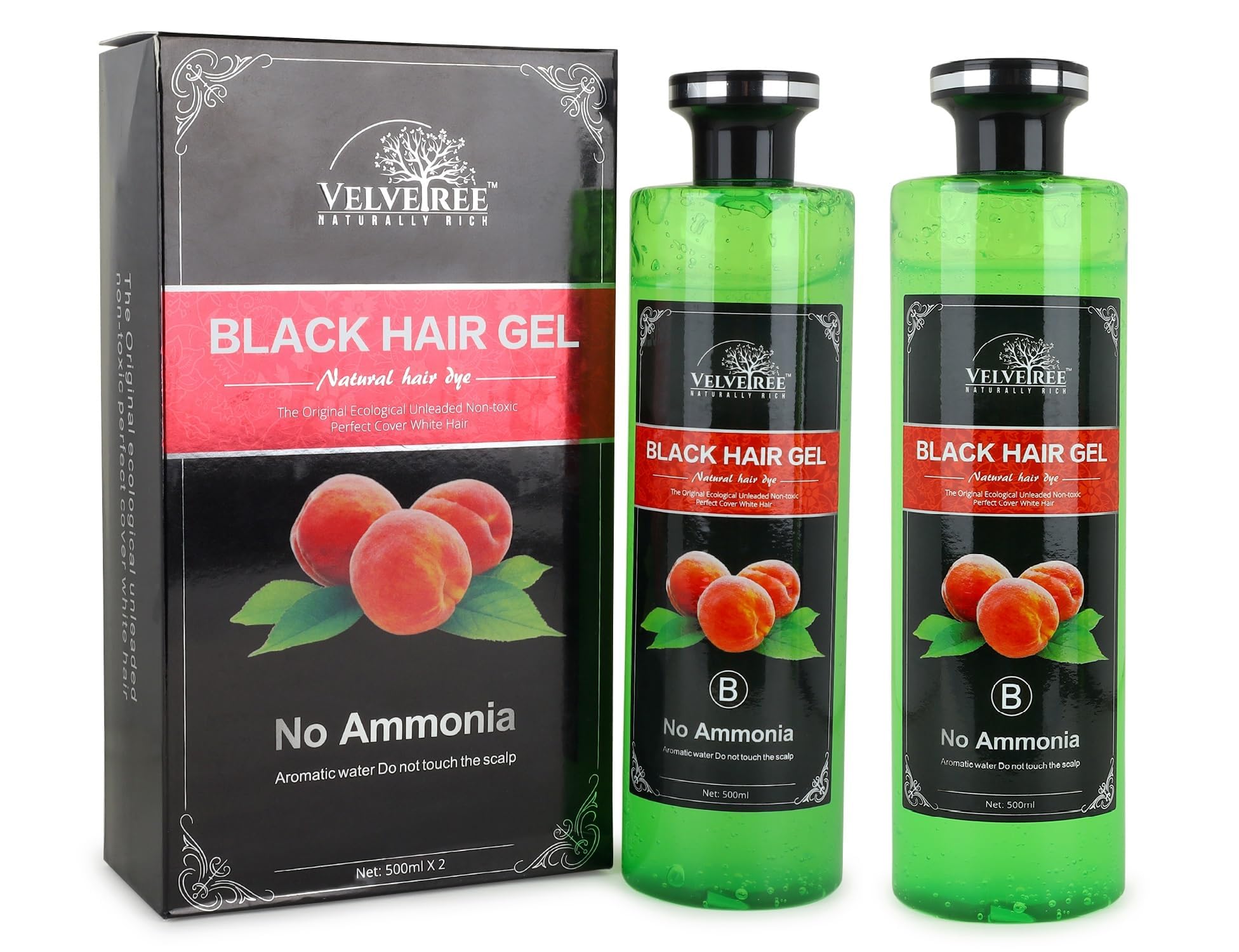 Velvetree Ammonia-Free Black Hair Gel Dye for Men & Women - Natural Hair Color Treatment with Nourishing Formula (500ml x 2) - Perfect for Covering Gray Hair & Enhancing Natural Black Color at Home or Salon