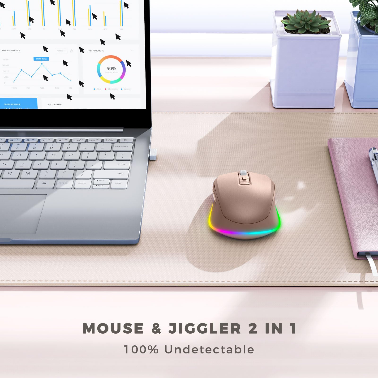 PEIOUS Wireless Mouse Jiggler - Undetectable Random Movement USB Rechargeable Mouse with Built-in Mover, Keeps Computer Awake for Laptop/PC - Gold | Perfect for Remote Work, Online Meetings & Preventing Screen Timeout
