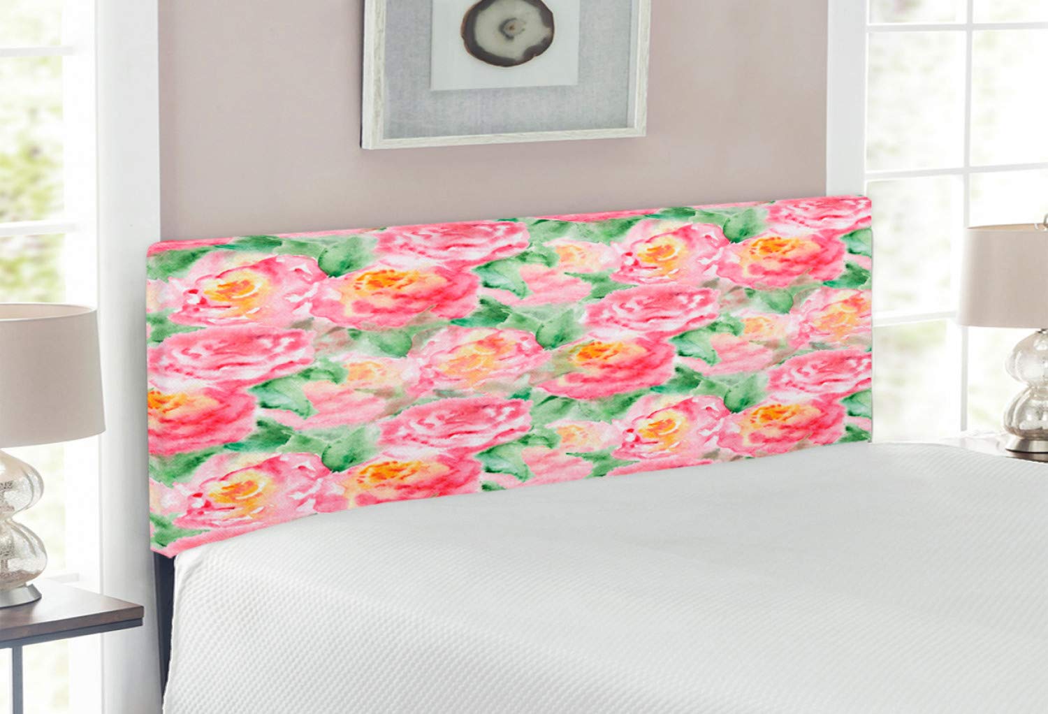 Ambesonne Watercolor Flower Headboard - Soft Pink & Green Rose Floral Design with Leaves, Upholstered Metal Bed Frame with Memory Foam, Full Size Headboard for Bedroom Decor | Perfect for Master Bedroom, Guest Room & Nursery