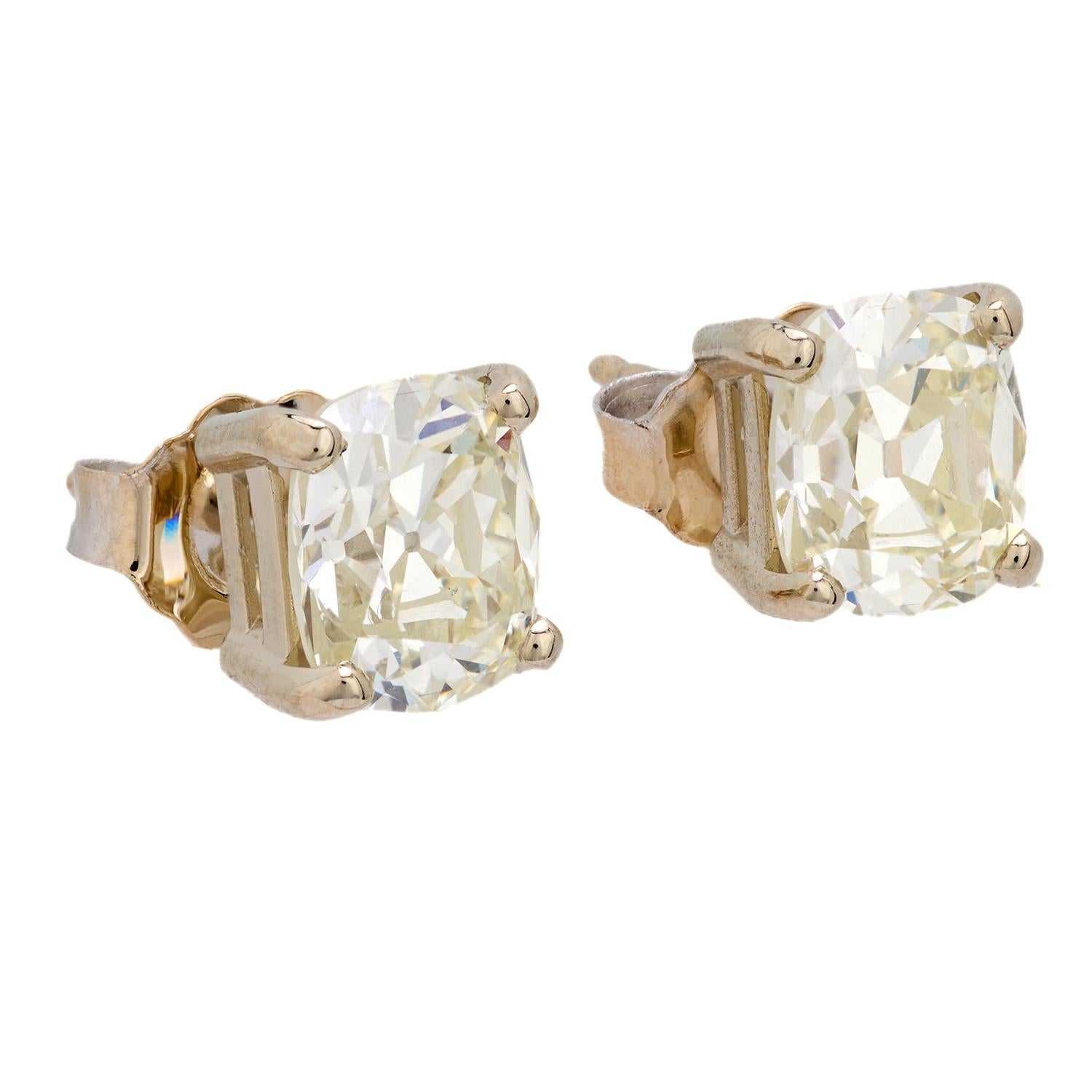 GIA Certified 2.03 Carat Old Mine Cut Diamond 14K Yellow Gold Stud Earrings - Perfect for Weddings, Anniversaries & Special Occasions
