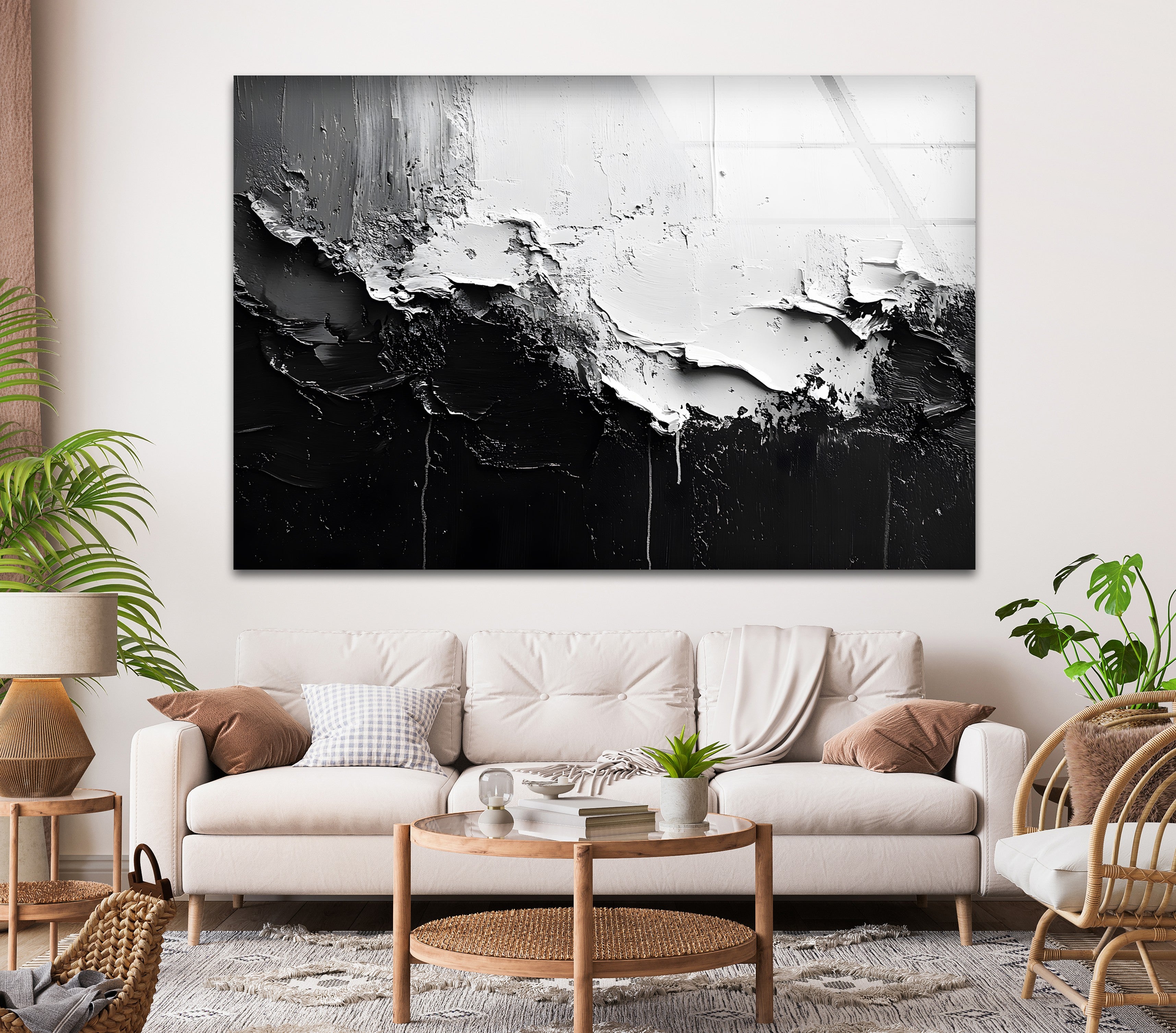 Abstract Black and White Glass Wall Art - Modern Home Decor for Living Room, Bedroom & Office - Elegant Contemporary Wall Hanging for Stylish Interior Design