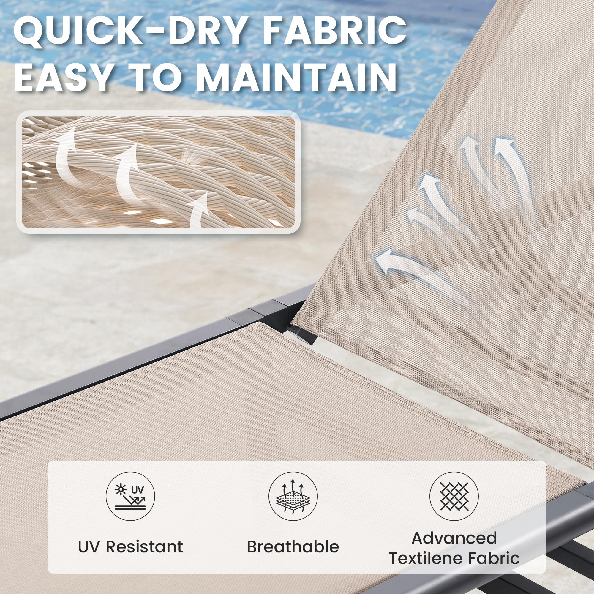 Premium Outdoor Aluminum Chaise Lounge Chairs Set of 2 - 5-Position Adjustable Backrest, No Assembly Required, Lightweight & Foldable for Easy Storage - Perfect for Poolside, Deck, Lawn, Beach & Patio Relaxation (Beige)