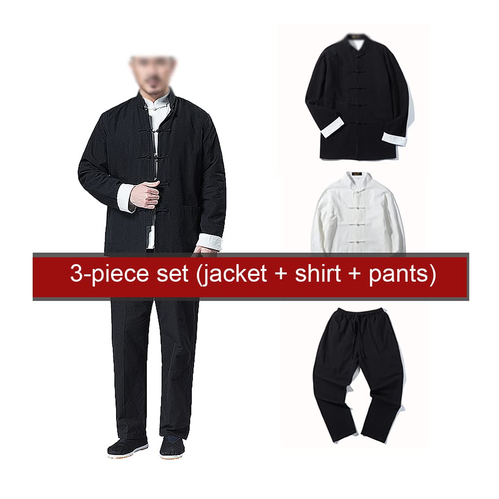 Traditional Chinese Kung Fu Uniform & Tang Suit for Men - Cotton Linen Tai Chi Outfit with Shirt, Pants & Jacket (Black, Sizes 1-5XL) | Perfect for Martial Arts Training, Tai Chi Practice & Cultural Performances