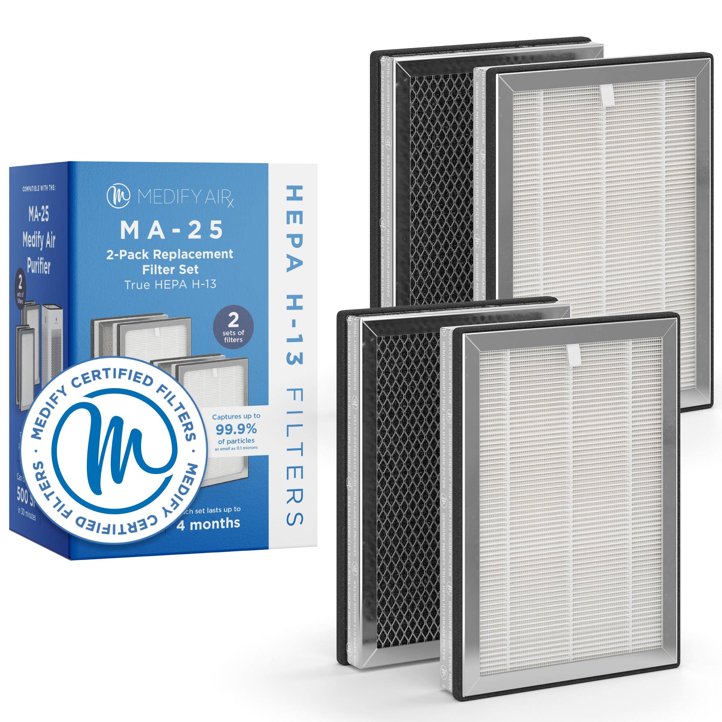 Medify Air MA-25 Genuine Replacement Filter - 3-in-1 H13 HEPA with Pre-Filter & Activated Carbon - 99.9% Removal of Allergens, Dust, Pollen, Pet Dander, Smoke & Odors - 2-Pack - Perfect for Home, Office & Allergy Relief